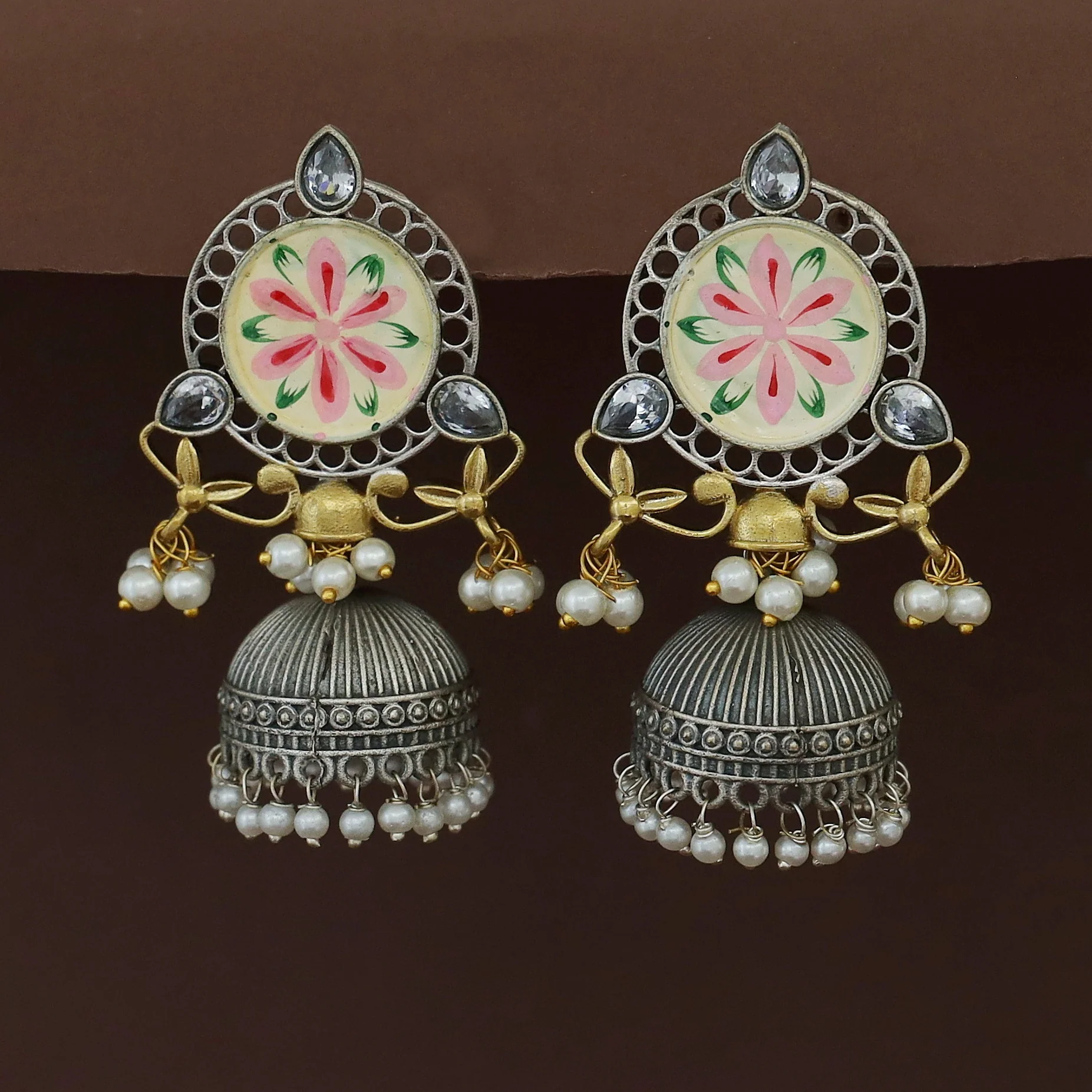 Kanakpriya Hand Painted Tri Glossy Pearl Jhumka - Image 4