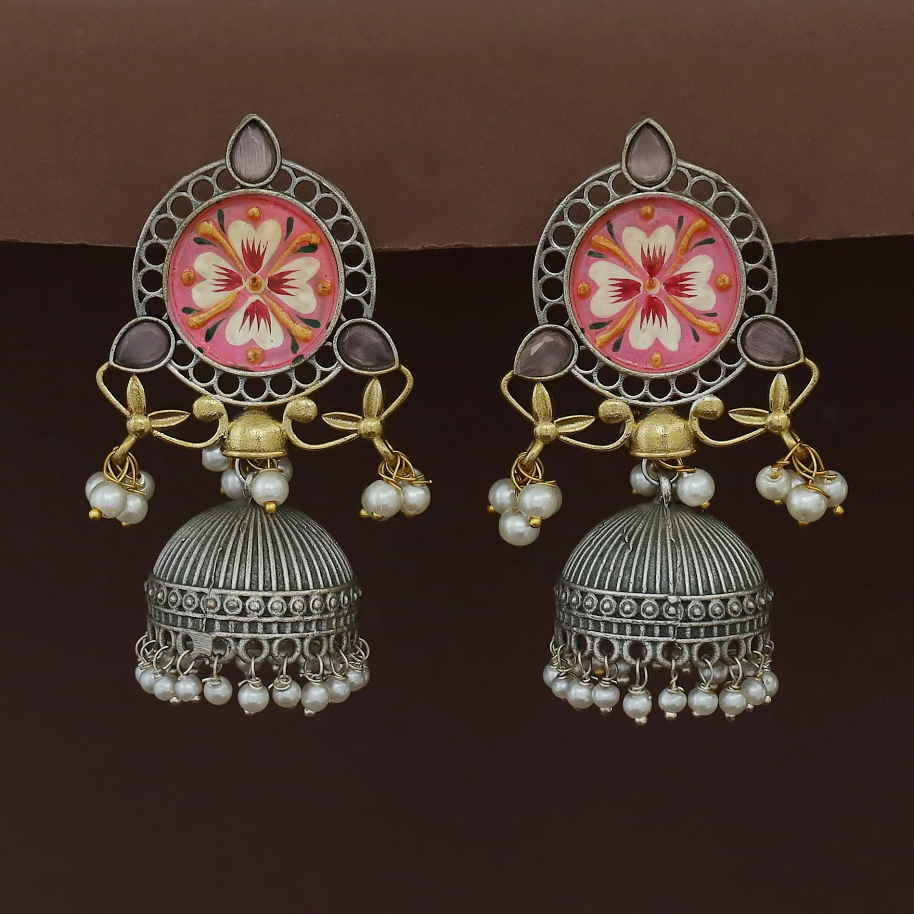 Kanakpriya Hand Painted Tri Glossy Pearl Jhumka - Image 5