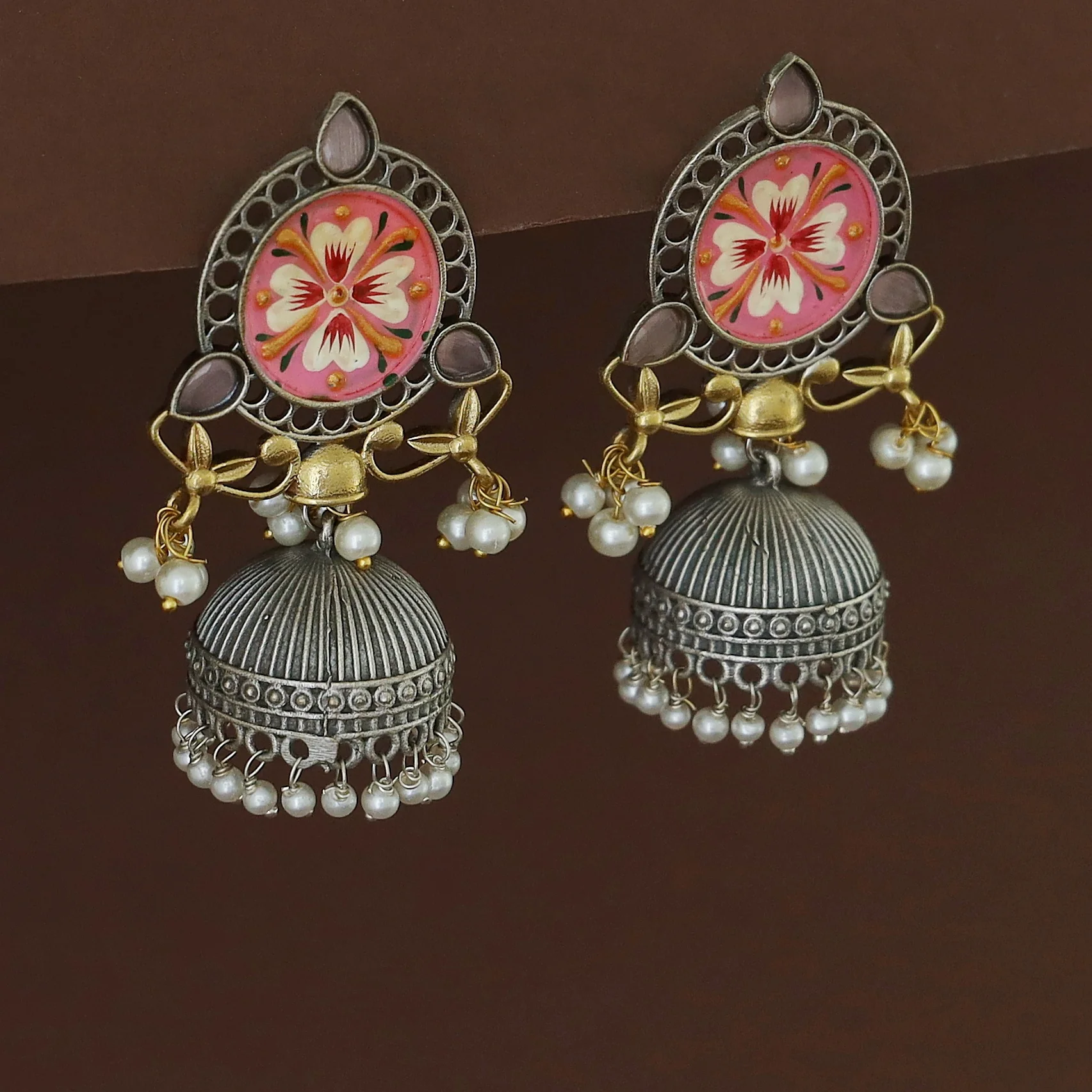 Kanakpriya Hand Painted Tri Glossy Pearl Jhumka - Image 6