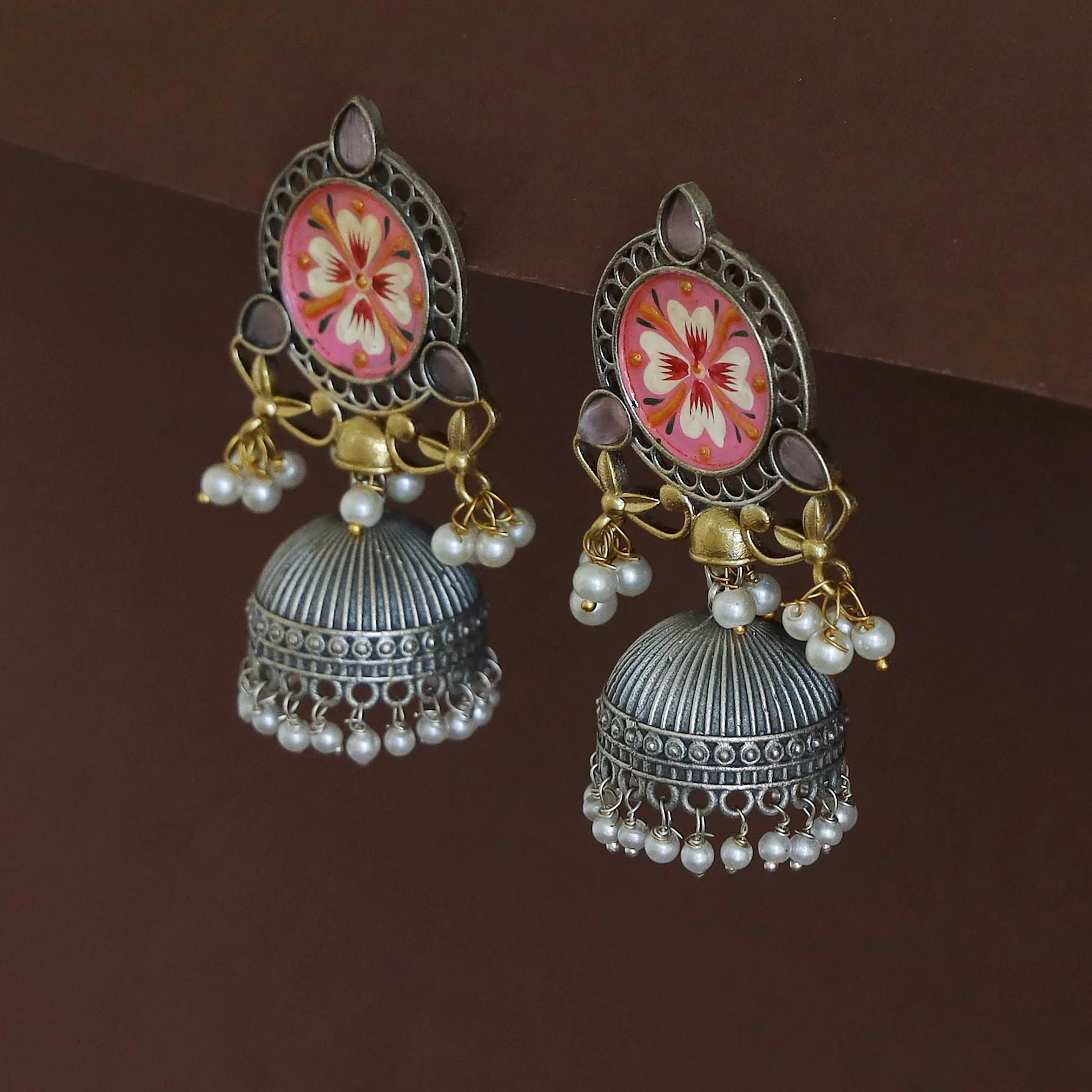 Kanakpriya Hand Painted Tri Glossy Pearl Jhumka - Image 7