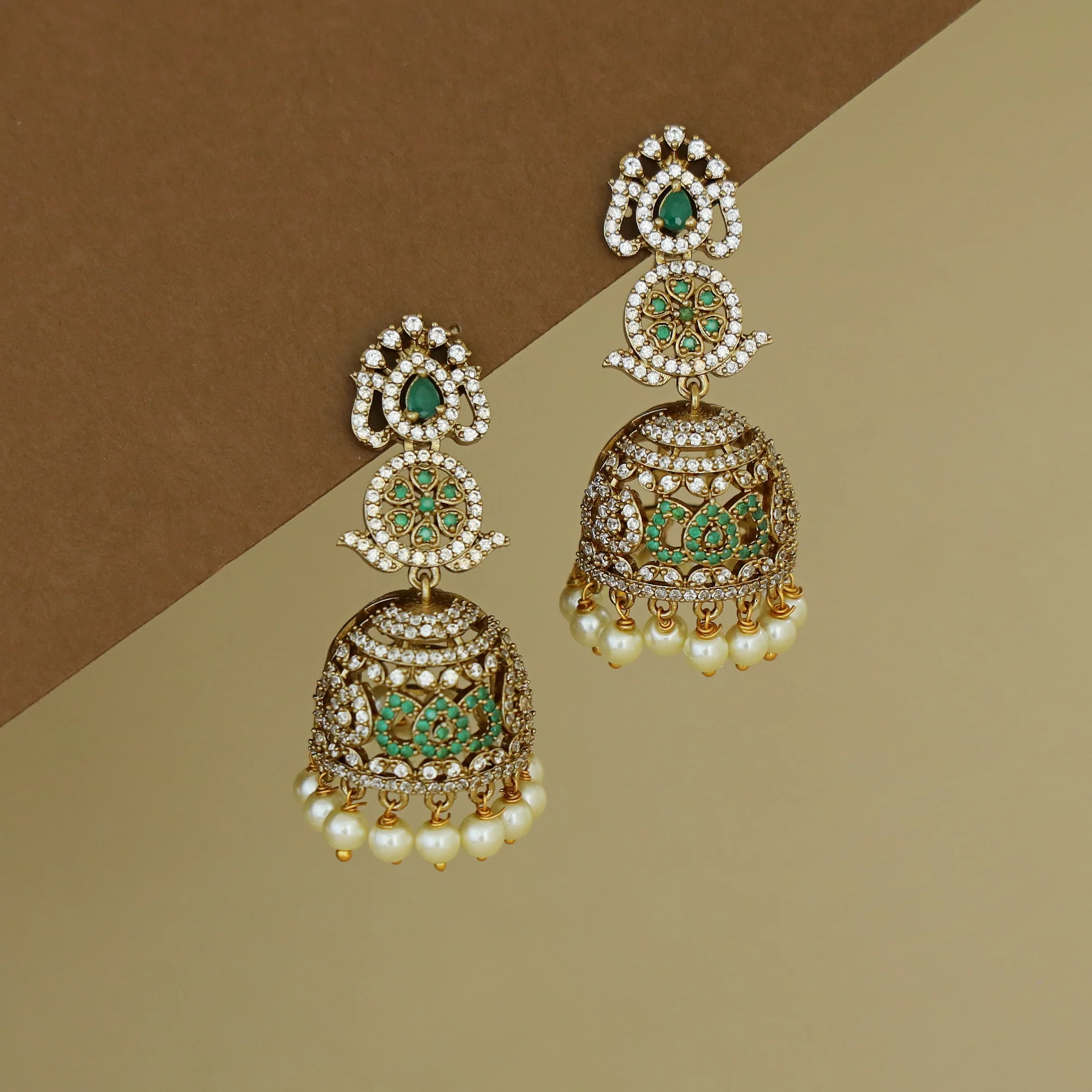 Kanyavi AD Stone Floral Pearl Jhumka - Image 2