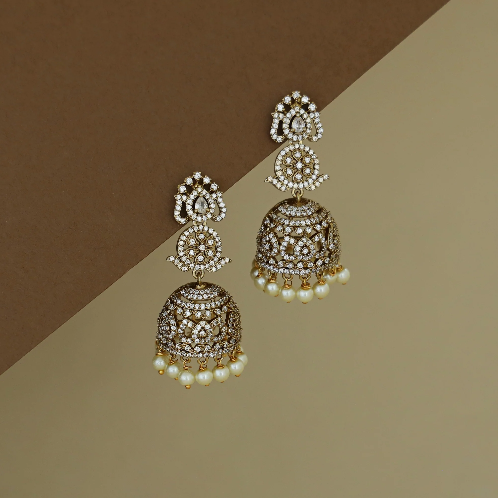 Kanyavi AD Stone Floral Pearl Jhumka - Image 3