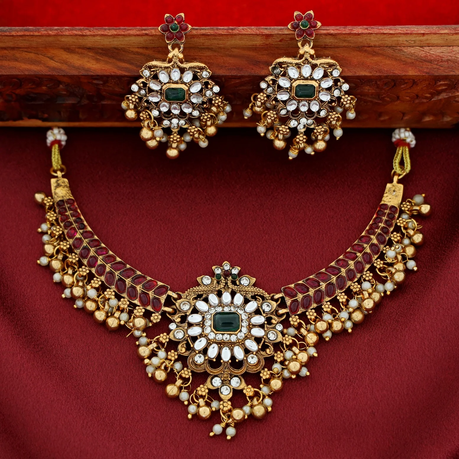 Kashvi Kundan Pearl Branch Wing Neckpiece With Earring - Image 3