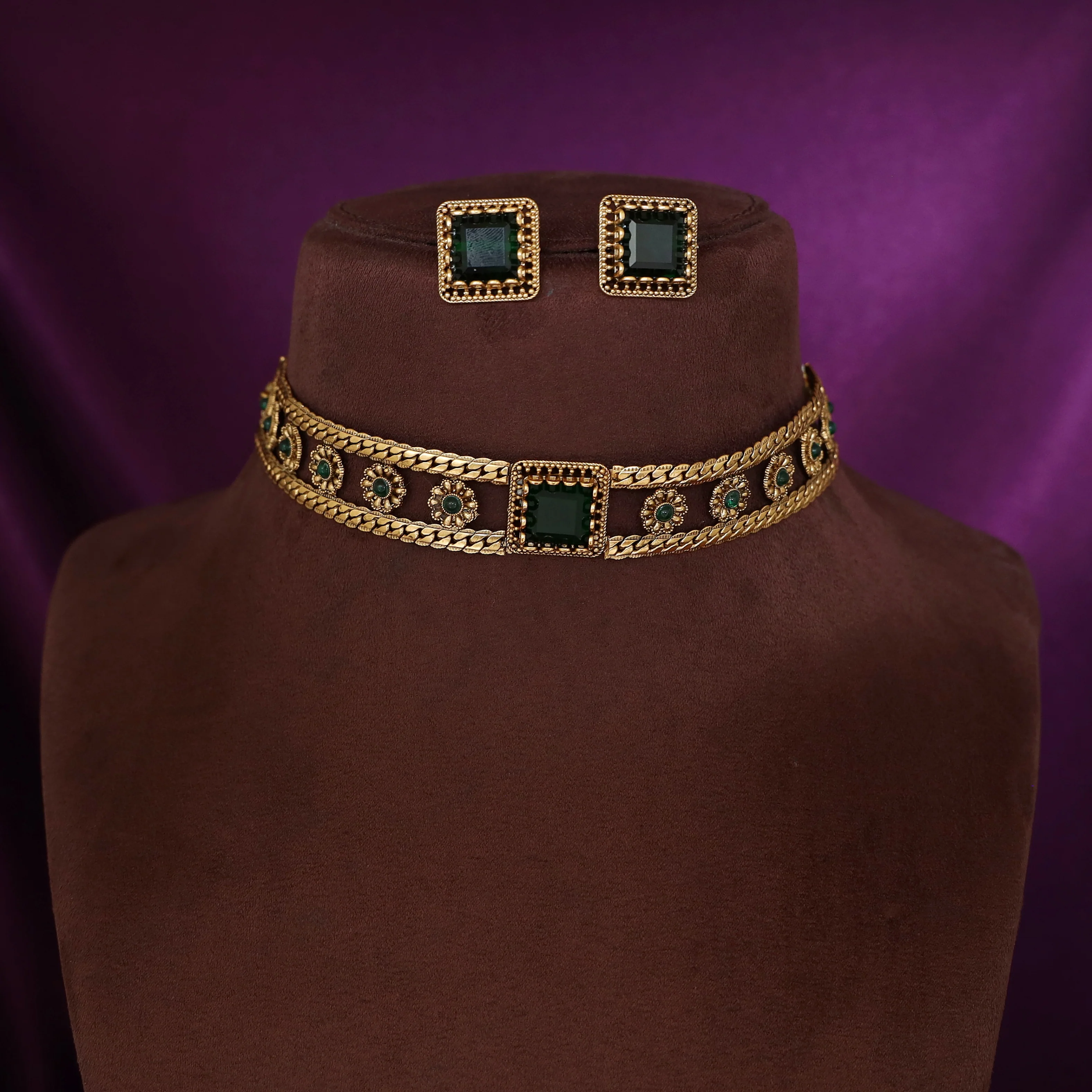 Keerthi 2 Layer Flower Square Stone Choker With Earring - Image 4