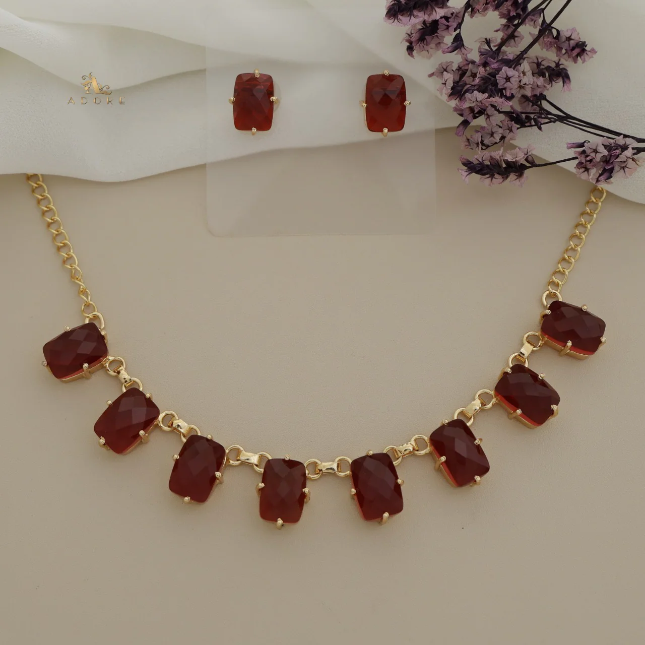 Kenmi Rectangle Glossy Neckpiece With Earring - Image 8