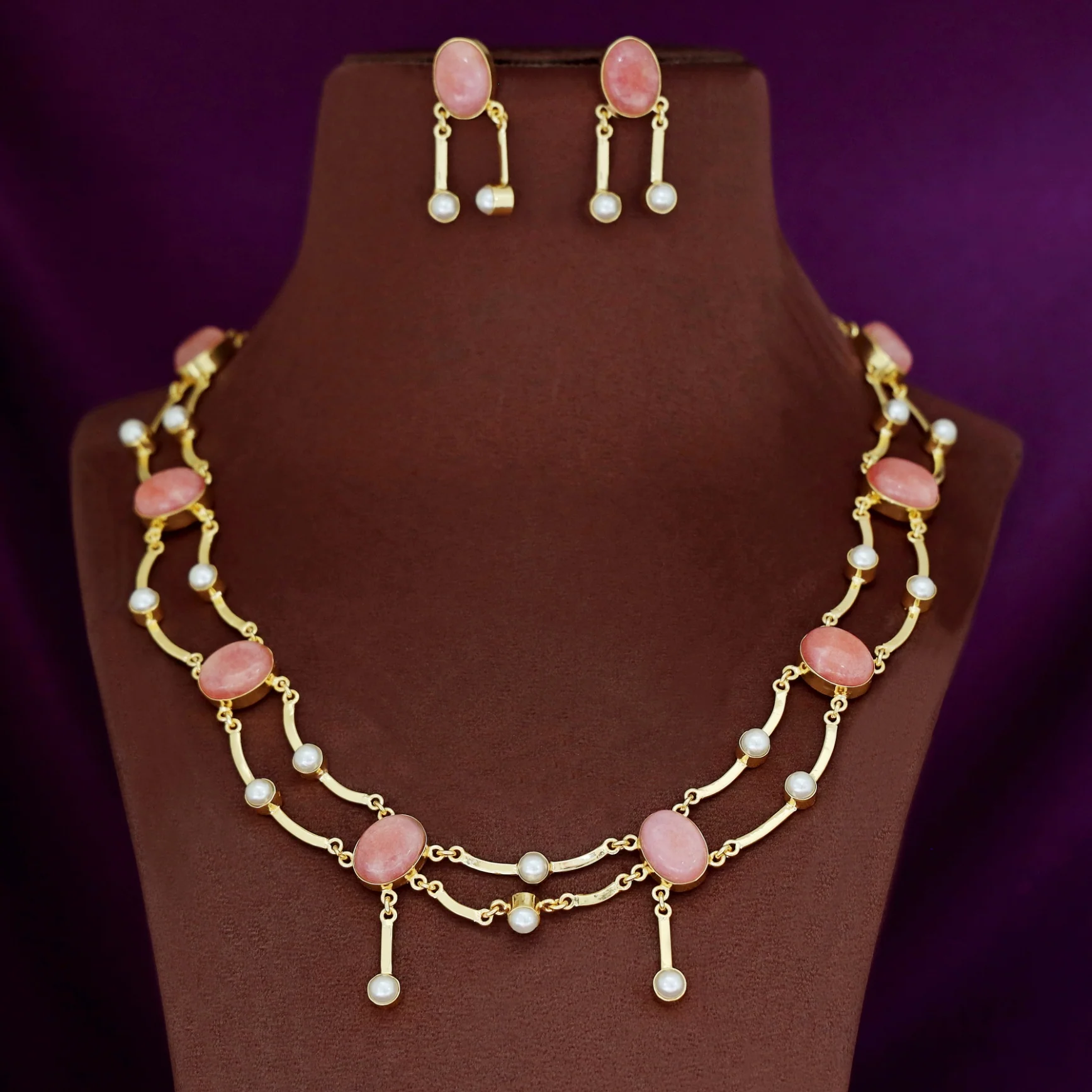 Kesia 2 Layer Natural Stone Pearl Neckpiece With Earring - Image 2