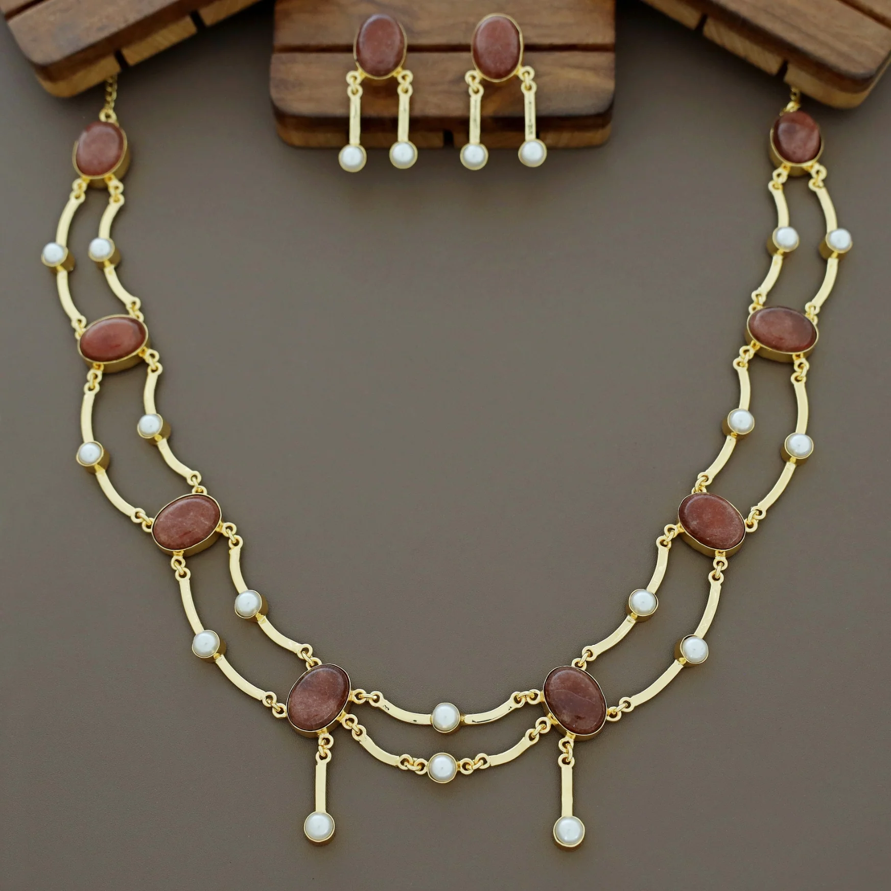 Kesia 2 Layer Natural Stone Pearl Neckpiece With Earring - Image 8