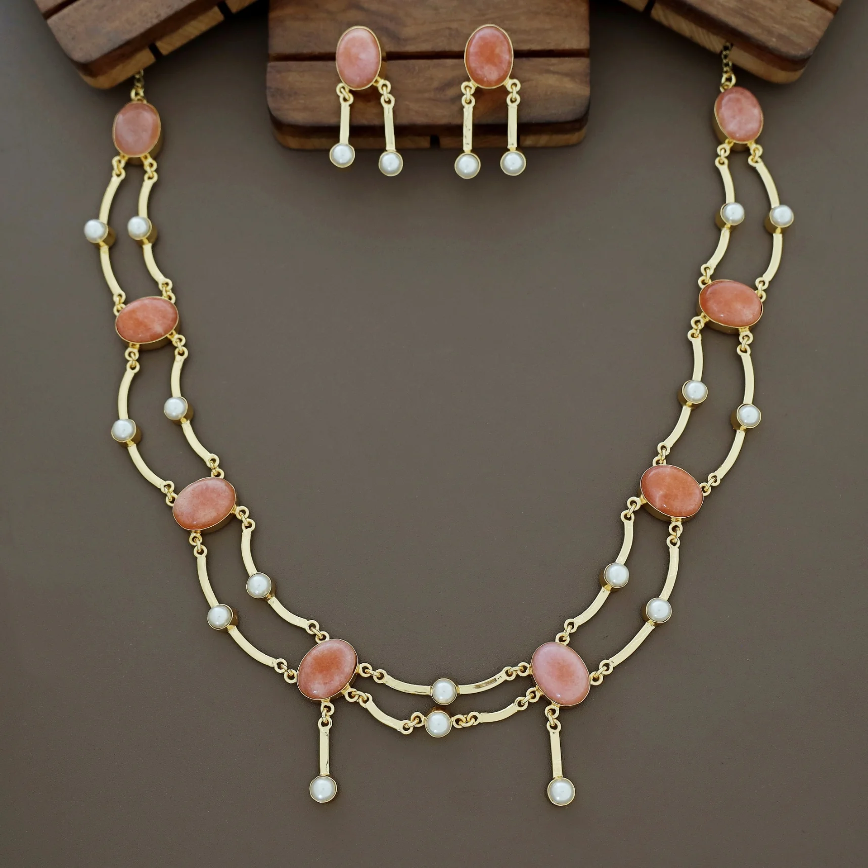 Kesia 2 Layer Natural Stone Pearl Neckpiece With Earring - Image 9