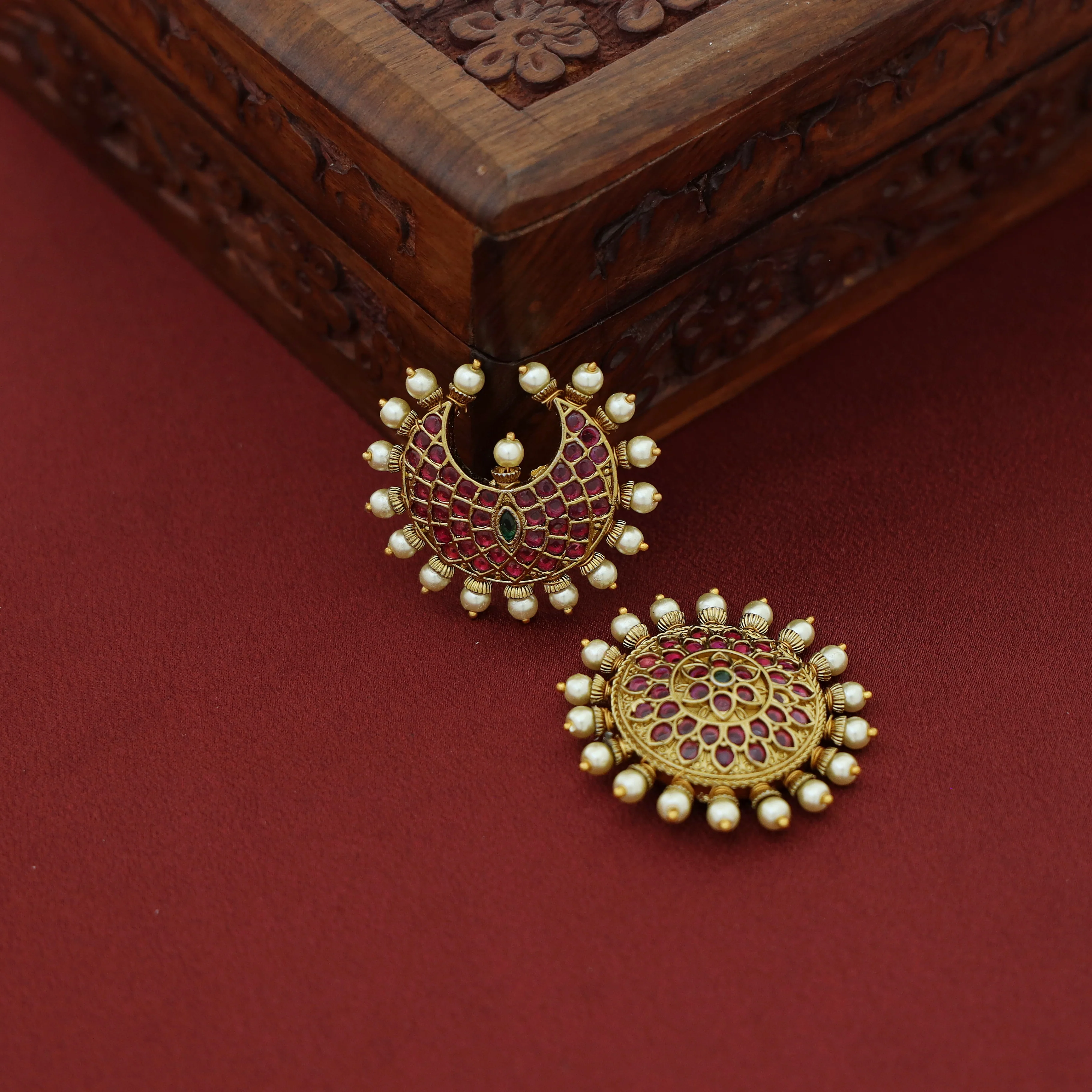 Kihara Floral Pearl Sun And Moon Hair Brooch ( Set Of 2 ) - Image 2