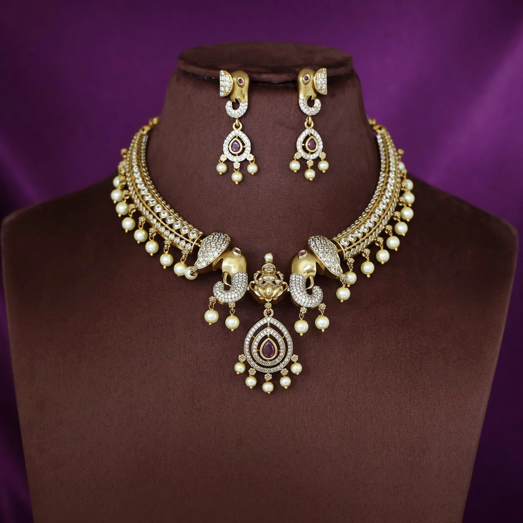 Lakshmi Airavath AD Stone Pearl Stiff Wing Neckpiece With Earring - Image 2