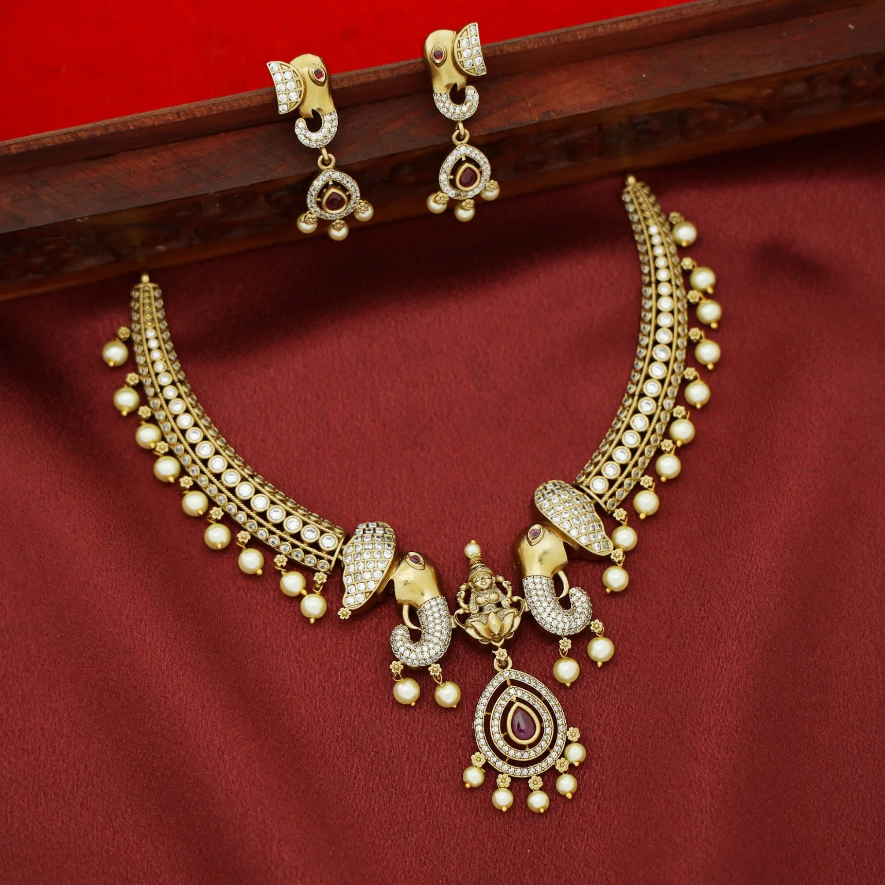 Lakshmi Airavath AD Stone Pearl Stiff Wing Neckpiece With Earring - Image 3