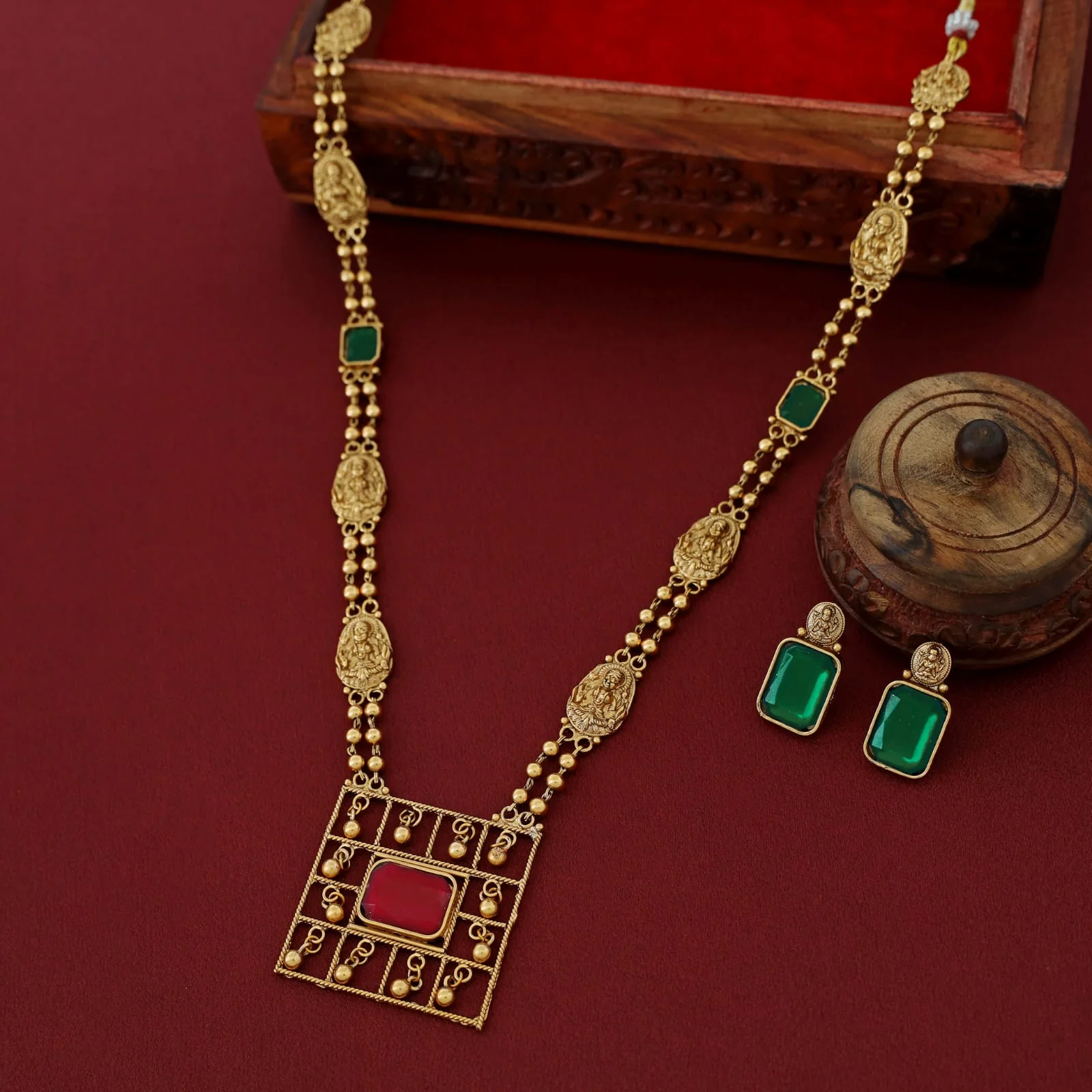 Lakshmi Golden Ball Long Haram with Earring - Image 10