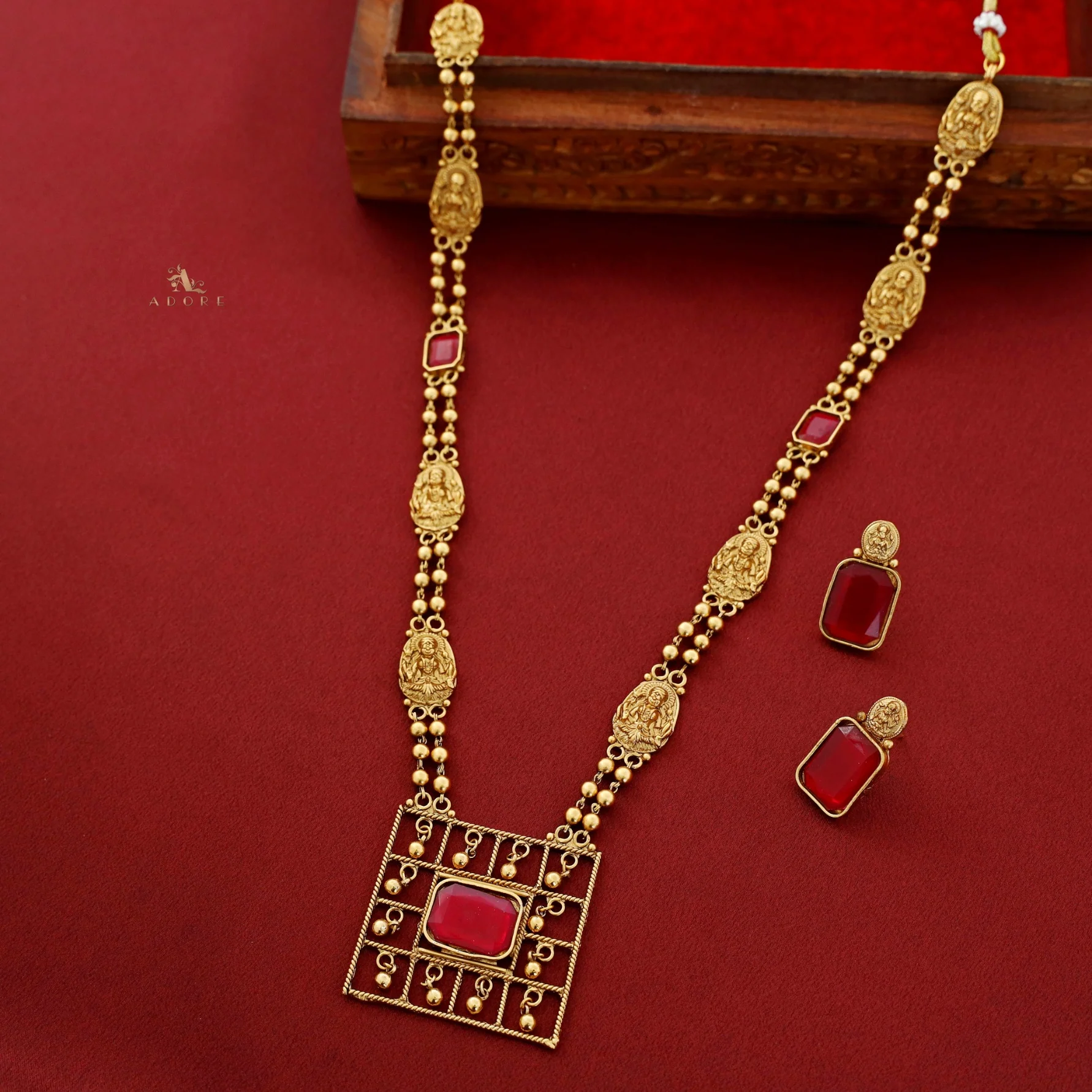 Lakshmi Golden Ball Long Haram with Earring - Image 3