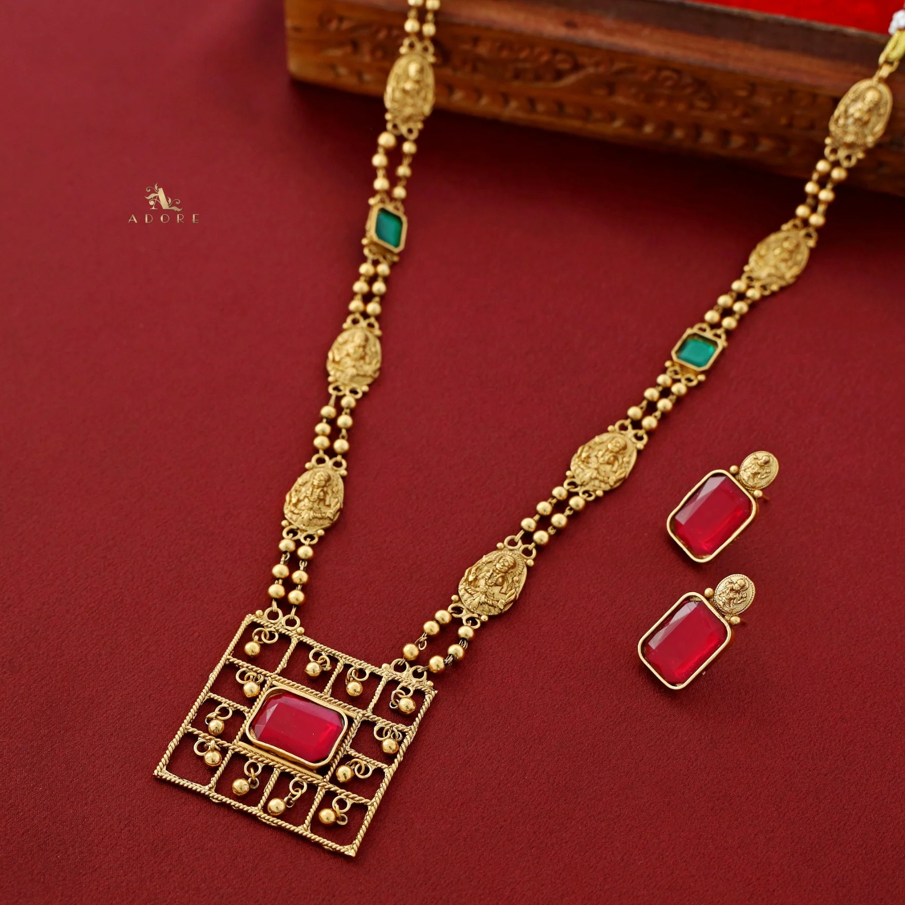 Lakshmi Golden Ball Long Haram with Earring - Image 5