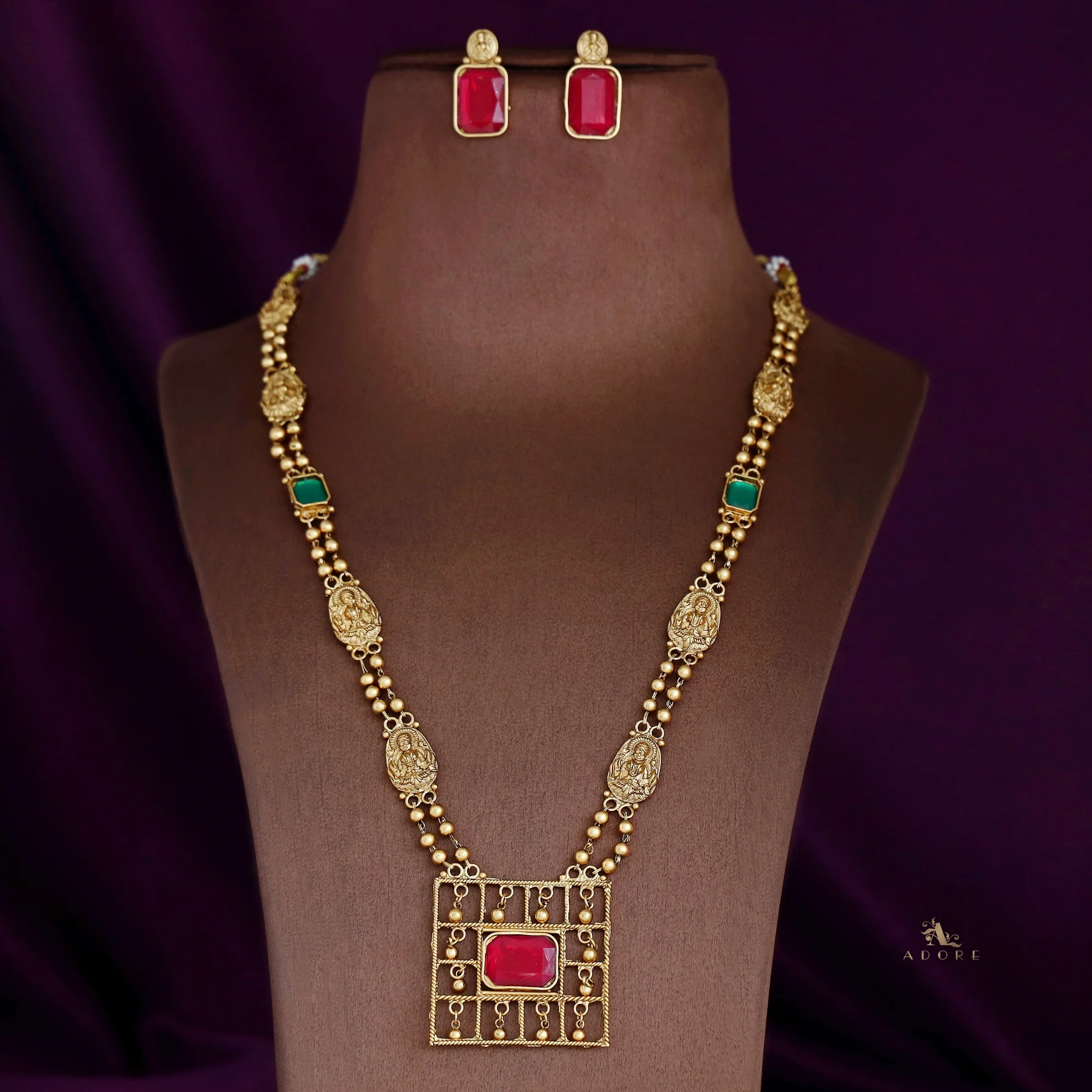 Lakshmi Golden Ball Long Haram with Earring - Image 6