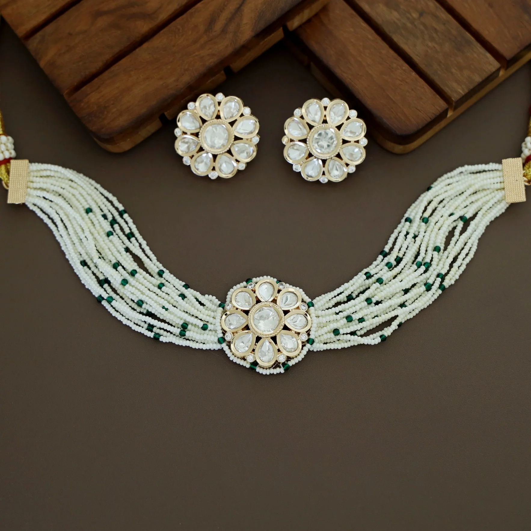 Premium Layered Bead Kundan Flower Choker With Earring - Image 2