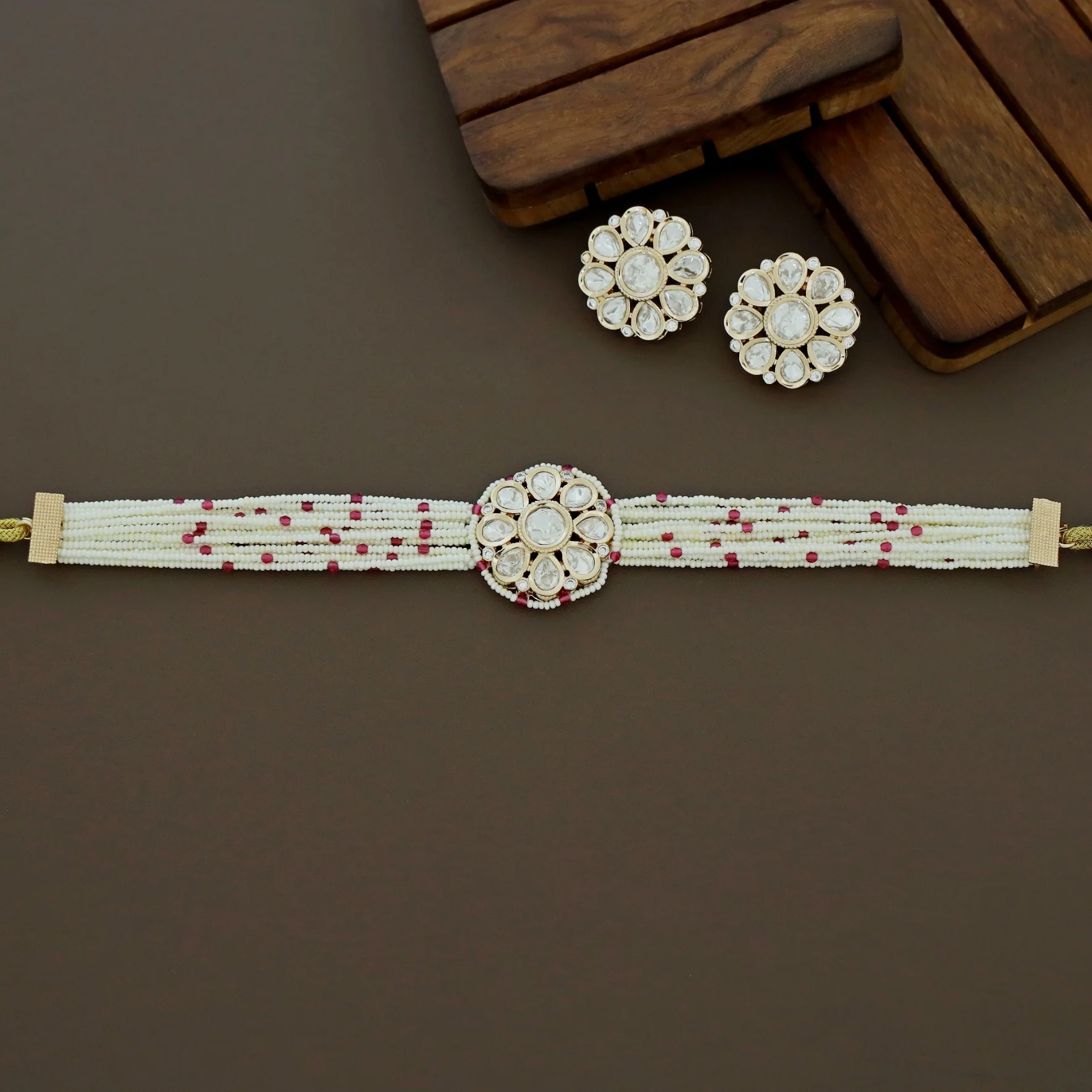 Premium Layered Bead Kundan Flower Choker With Earring - Image 3