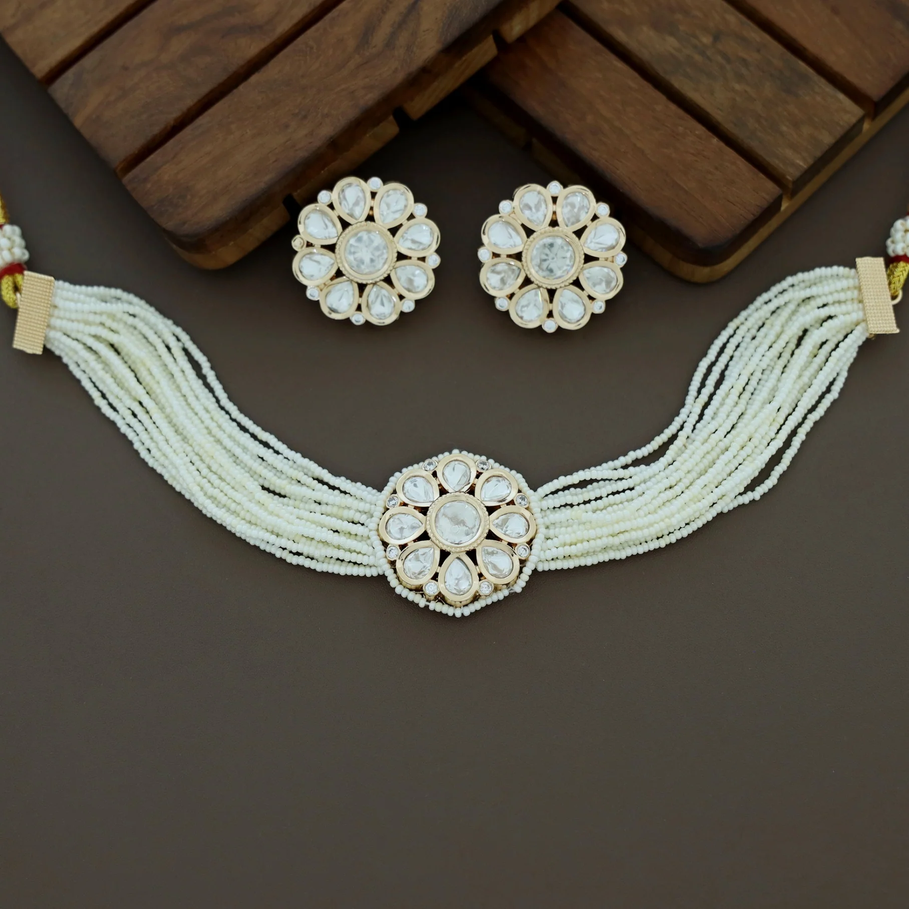 Premium Layered Bead Kundan Flower Choker With Earring - Image 4