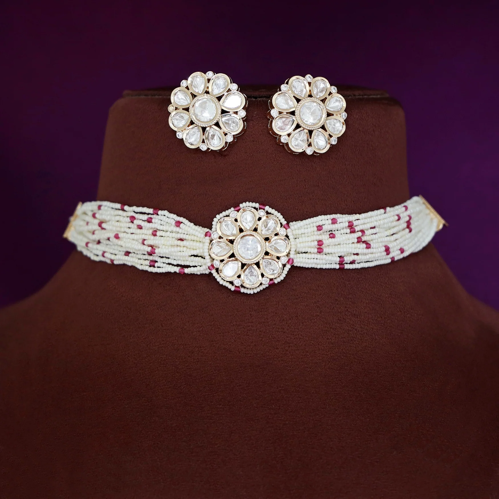 Premium Layered Bead Kundan Flower Choker With Earring - Image 5