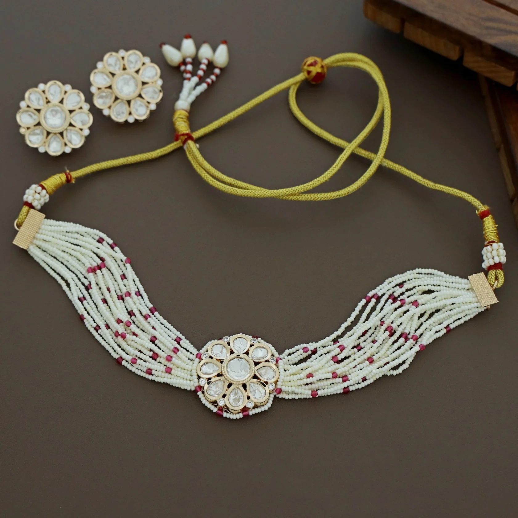 Premium Layered Bead Kundan Flower Choker With Earring - Image 6