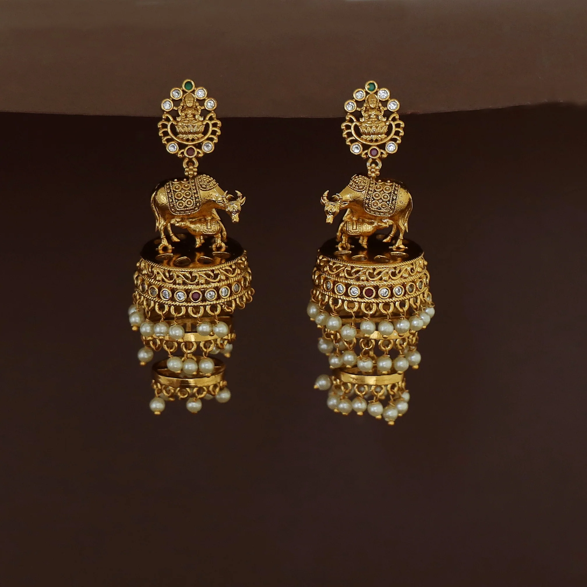 Lekshmi Feeding Calf Design Three Layer Pearl Jhumka - Image 3