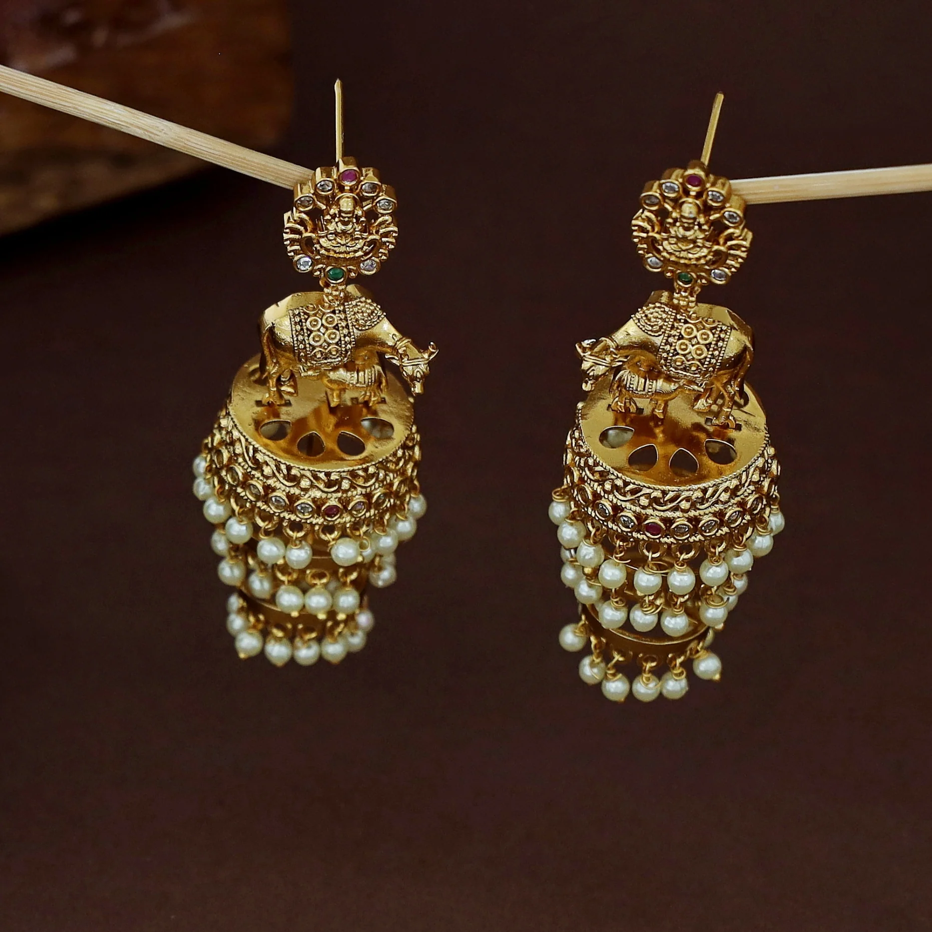 Lekshmi Feeding Calf Design Three Layer Pearl Jhumka - Image 5