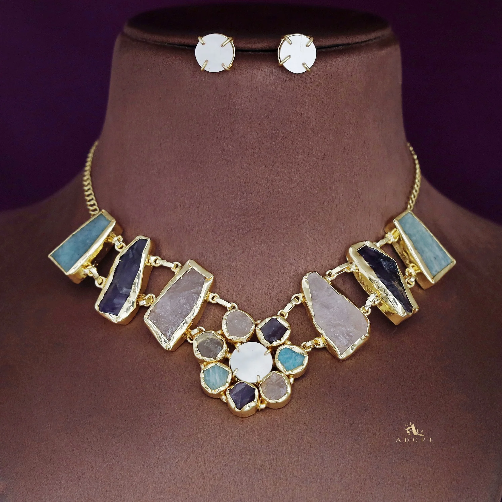 Leona Raw Stone Multicolour + MOP Short Neckpiece With Earring - Image 3