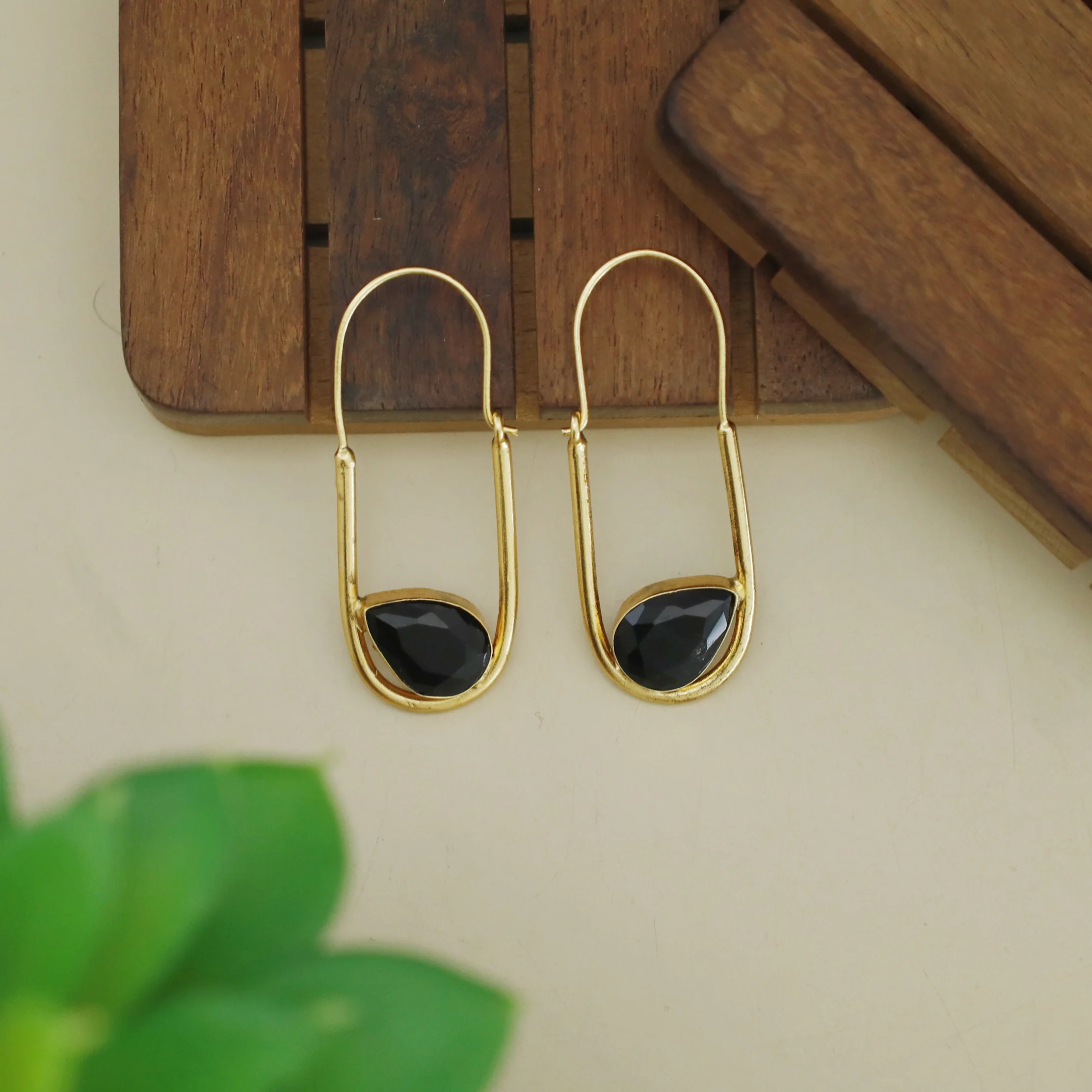 Lucille Golden Oval Drop Glossy Stone Hoop - Image 10