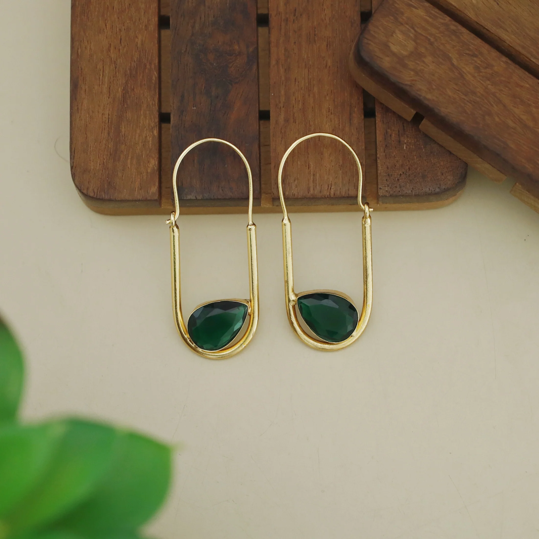 Lucille Golden Oval Drop Glossy Stone Hoop - Image 2
