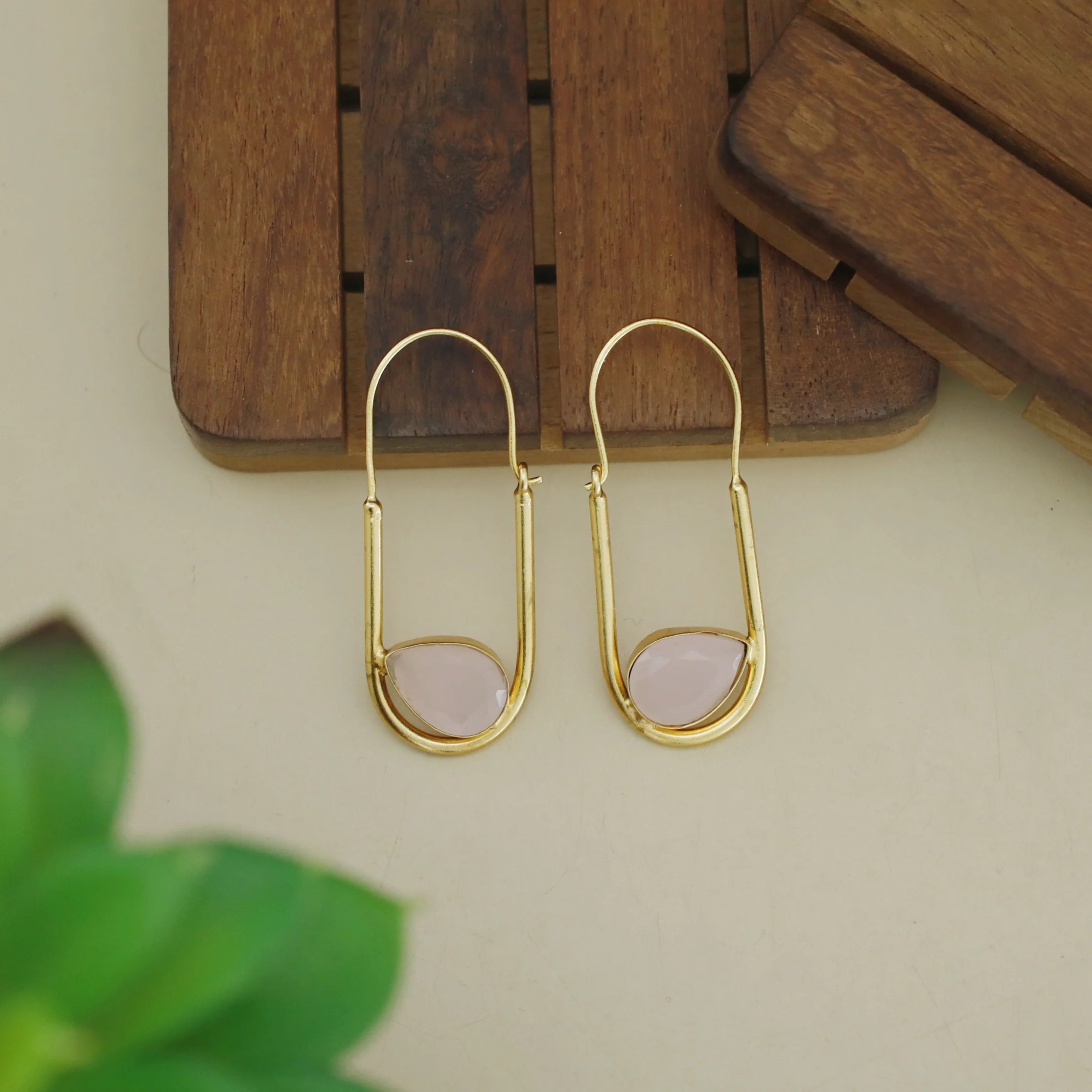 Lucille Golden Oval Drop Glossy Stone Hoop - Image 3