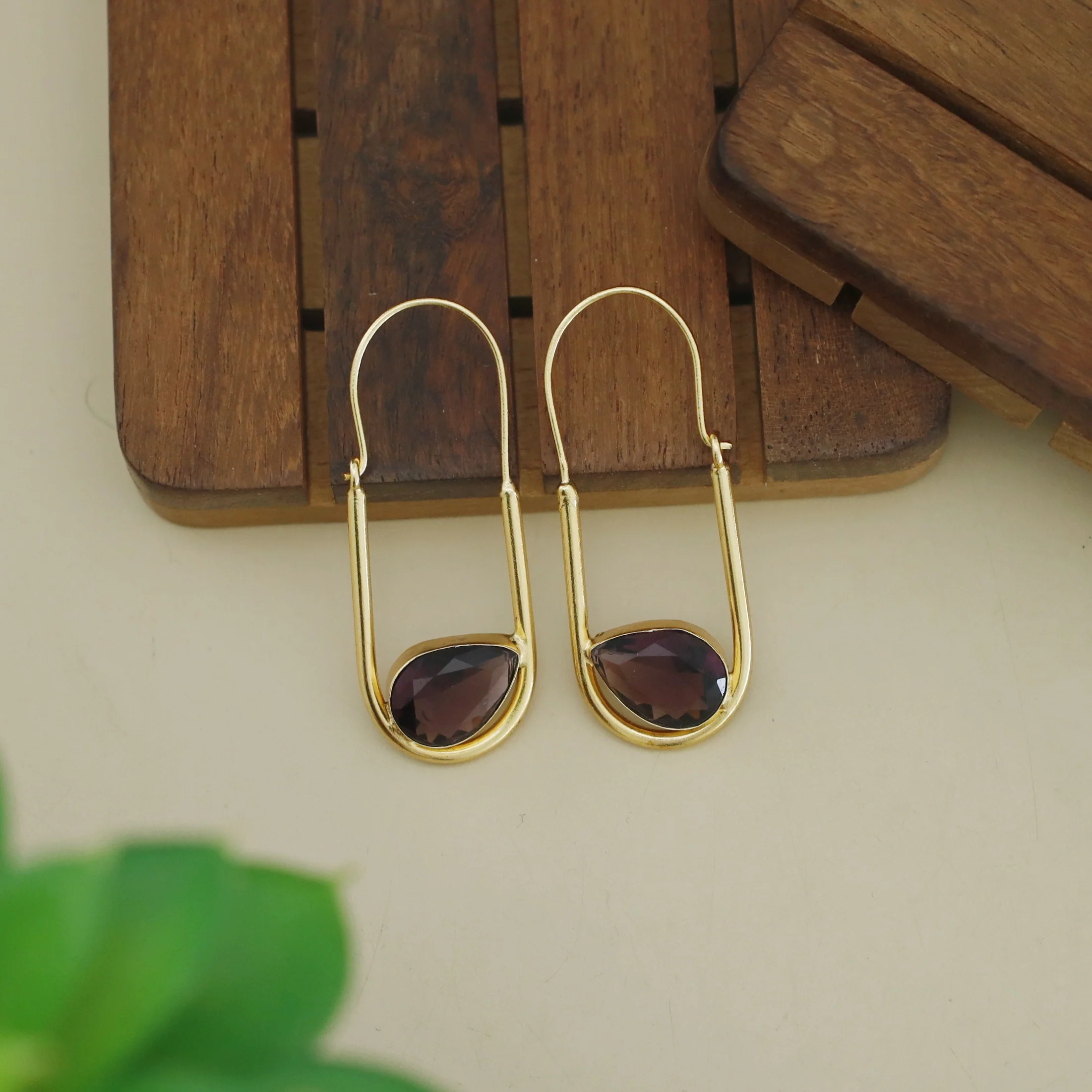 Lucille Golden Oval Drop Glossy Stone Hoop - Image 4