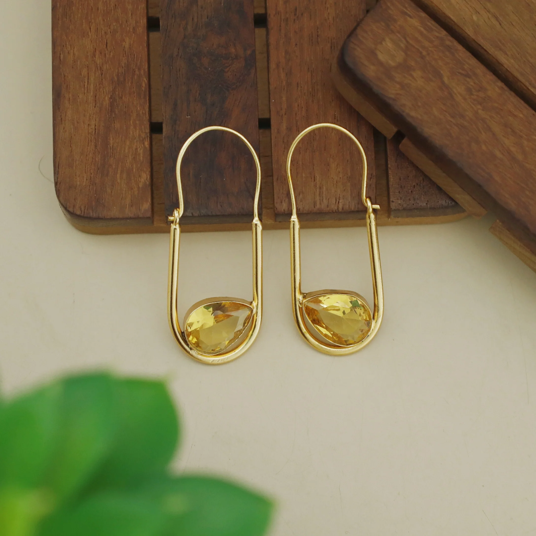 Lucille Golden Oval Drop Glossy Stone Hoop - Image 5