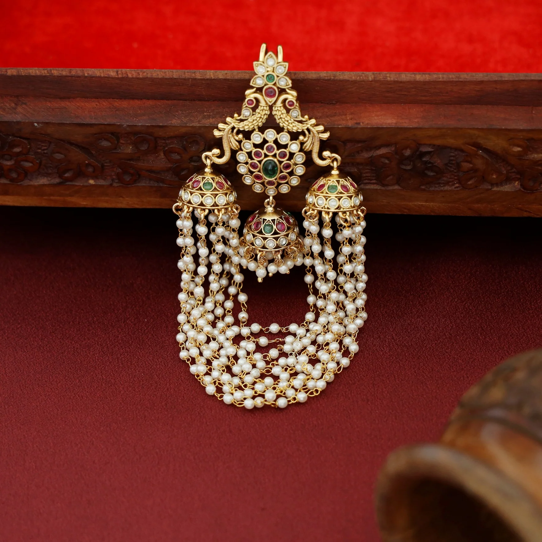 Madhvika Mayura Layered Pearl Hair Brooch - Image 2