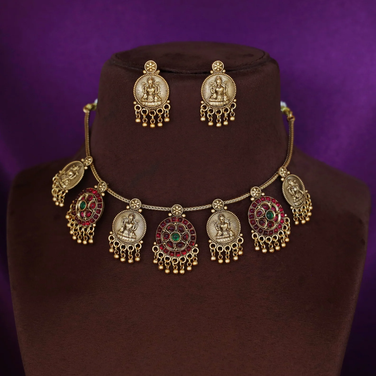 Madvika Golden Ball Devi Flower Short Neckpiece With Earring - Image 2
