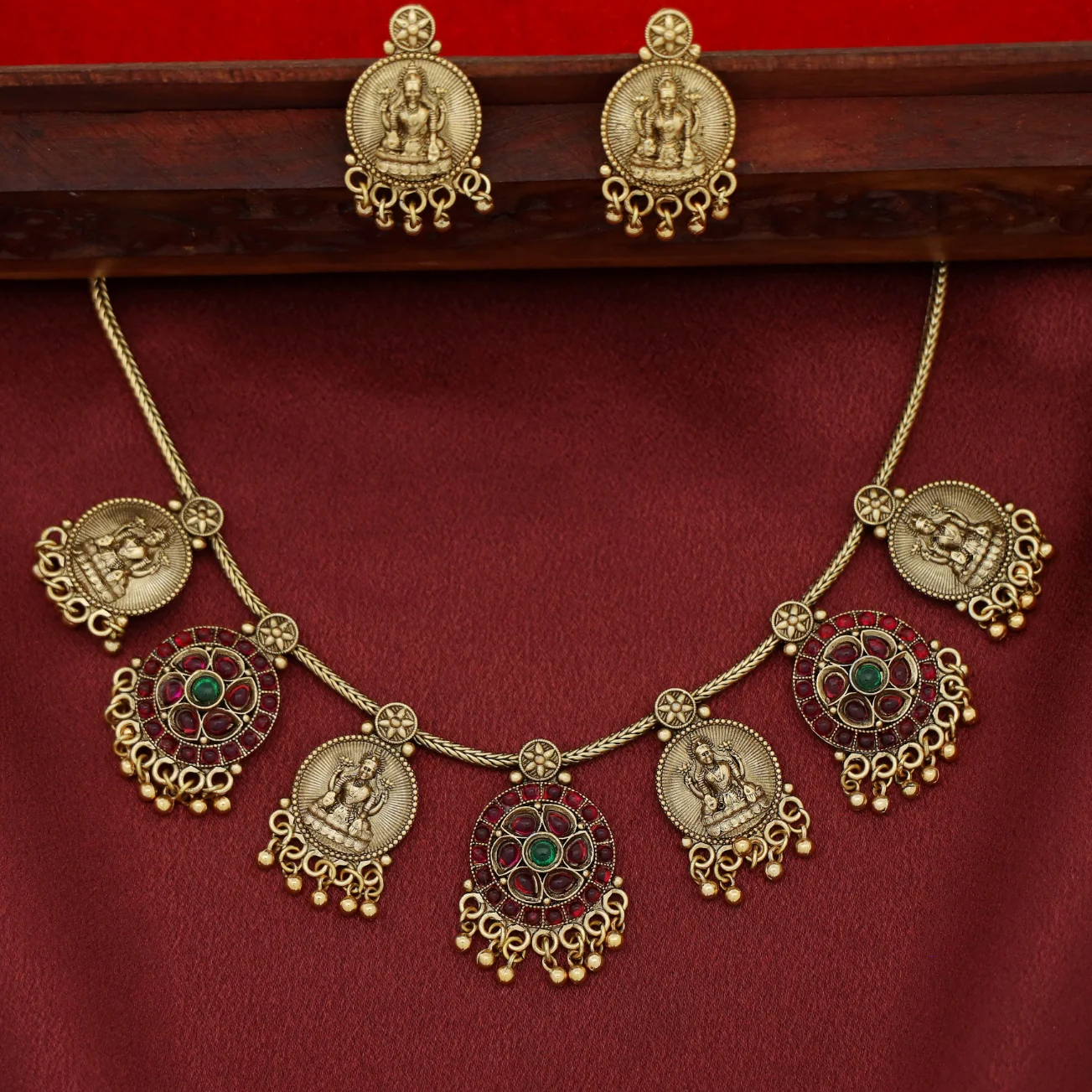 Madvika Golden Ball Devi Flower Short Neckpiece With Earring - Image 3