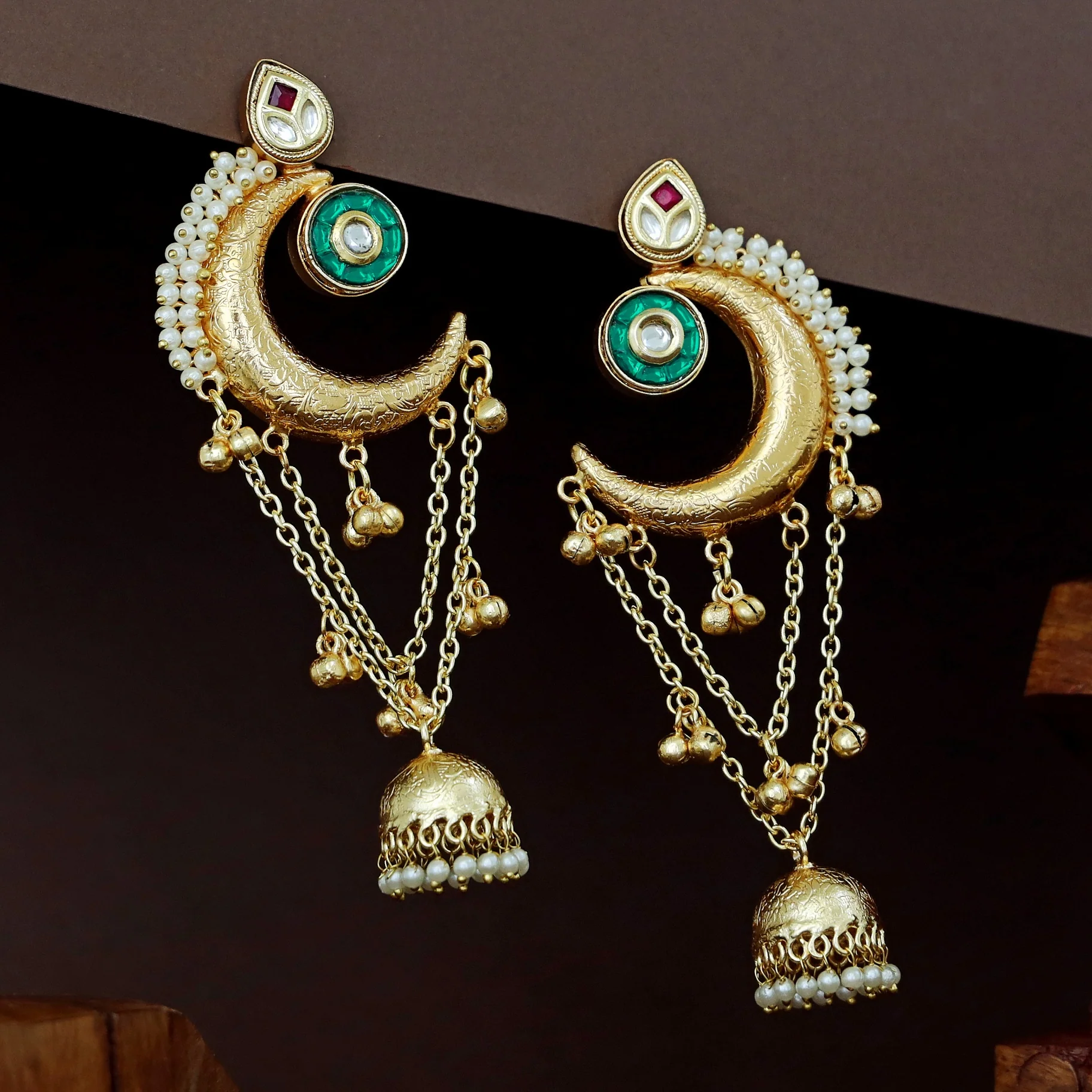 Manaswini Half Moon Kundan Ghunguroo Kashmiri Earring - Image 4