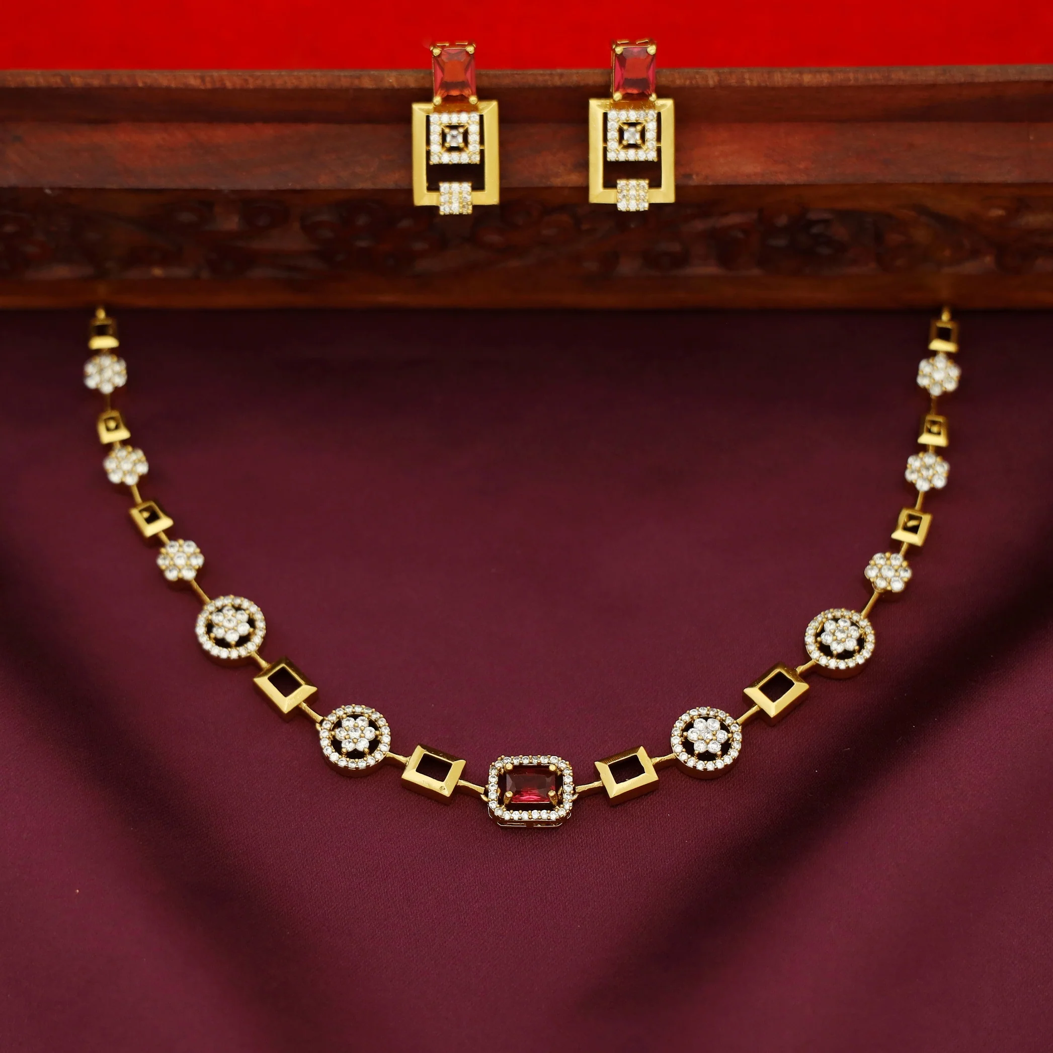 Manisha AD Stone Floral Rectangle Short Neckpiece With Earring - Image 2