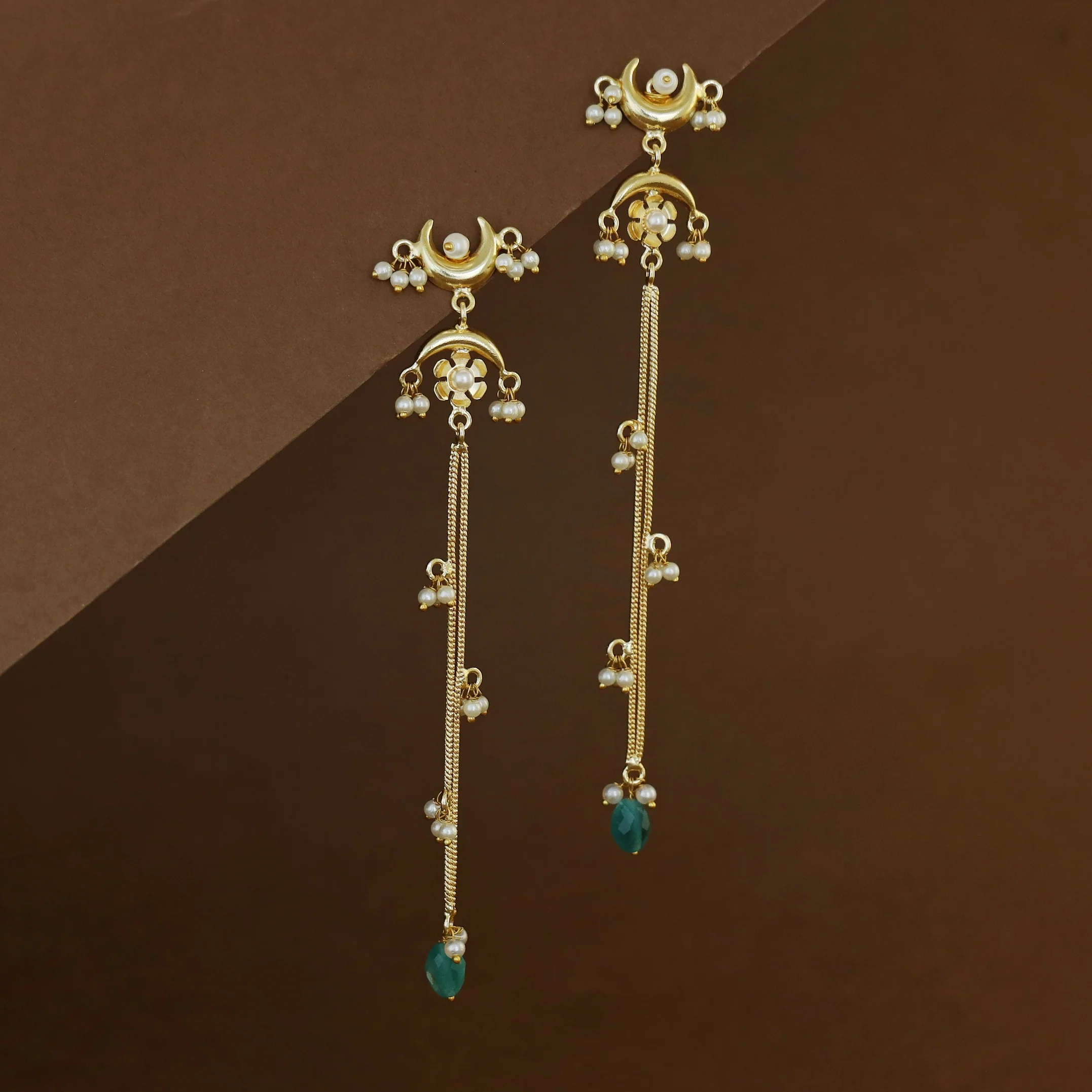 Mayansha Dual Half Moon Floral Hanging Pearl Bead Long Earring - Image 2