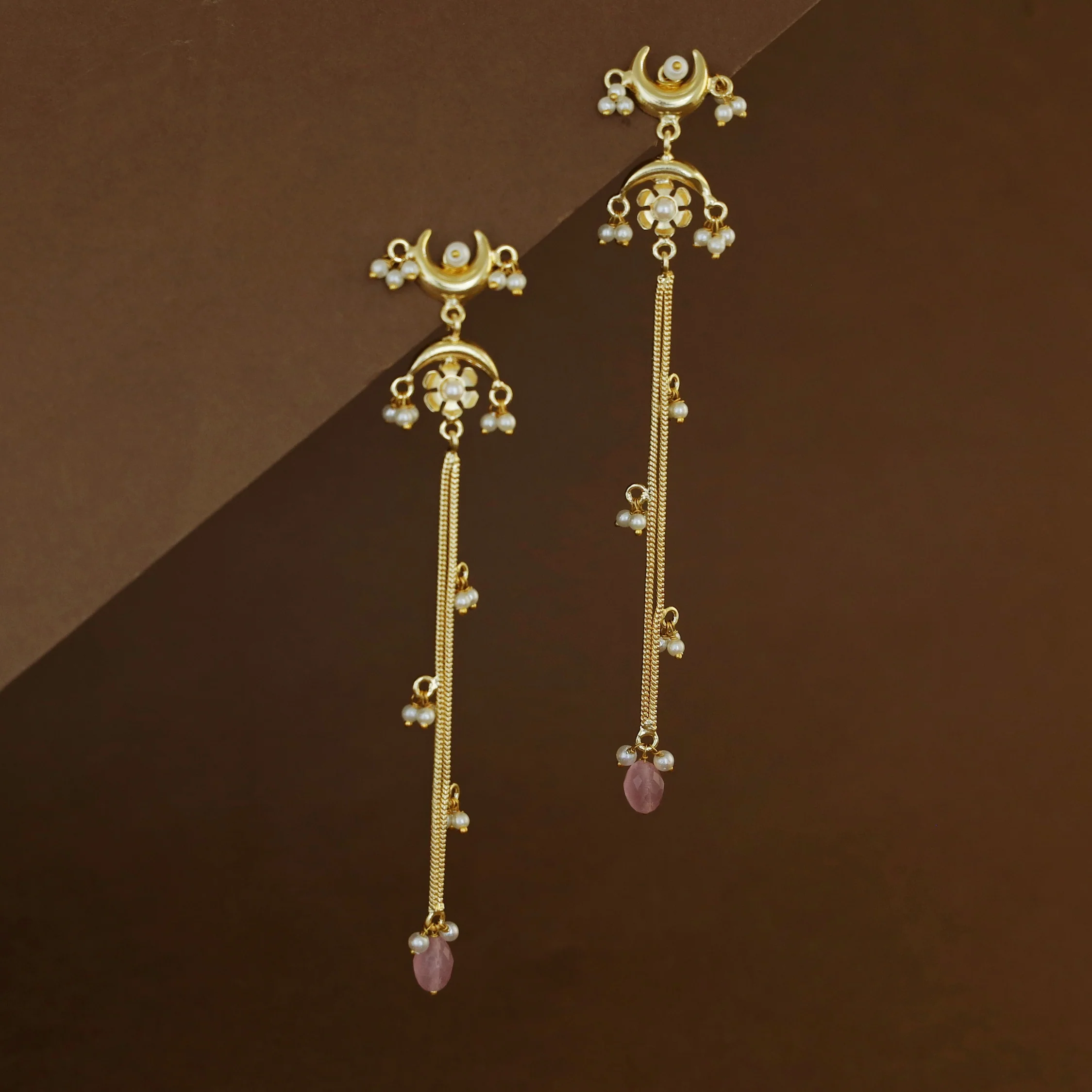 Mayansha Dual Half Moon Floral Hanging Pearl Bead Long Earring - Image 3