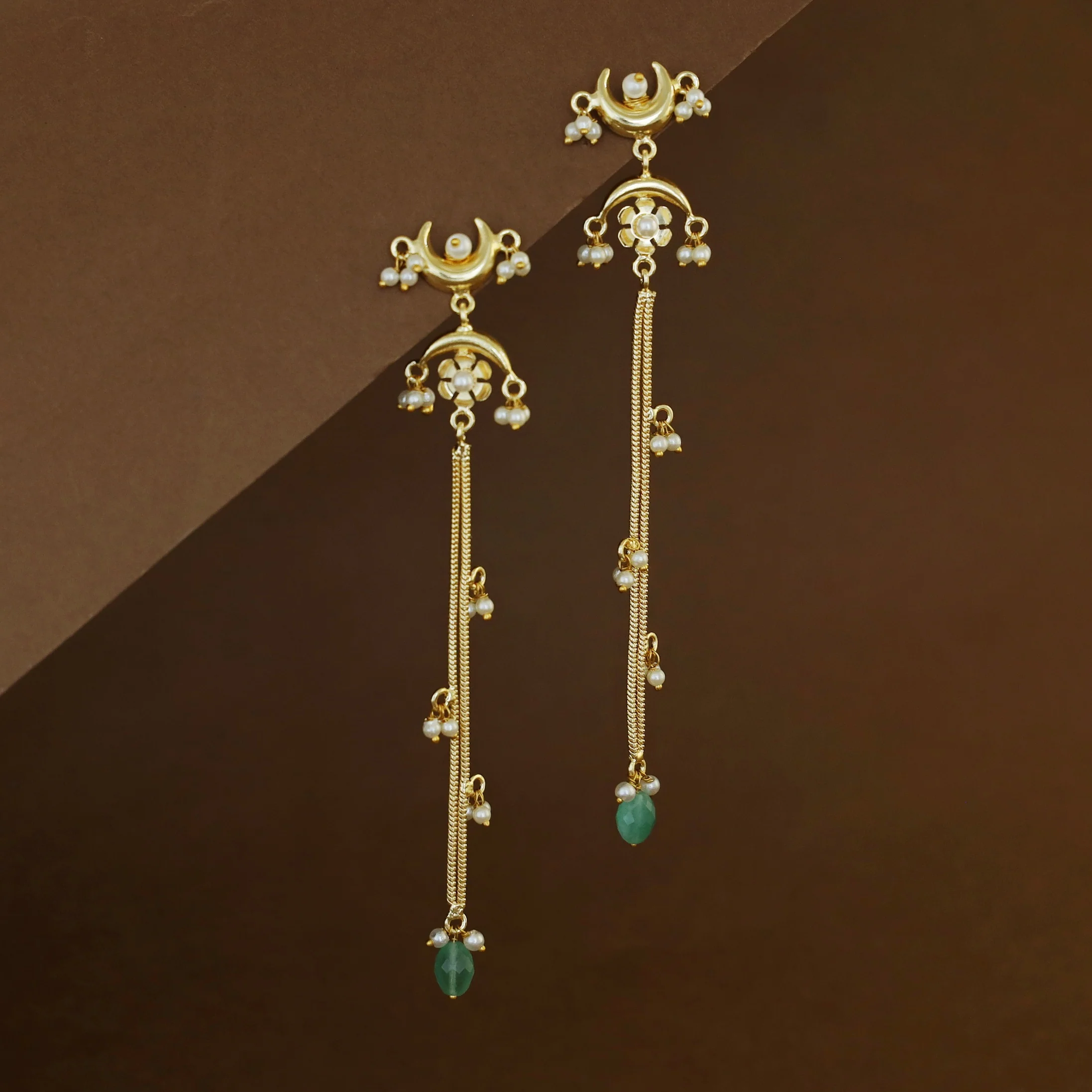 Mayansha Dual Half Moon Floral Hanging Pearl Bead Long Earring - Image 4