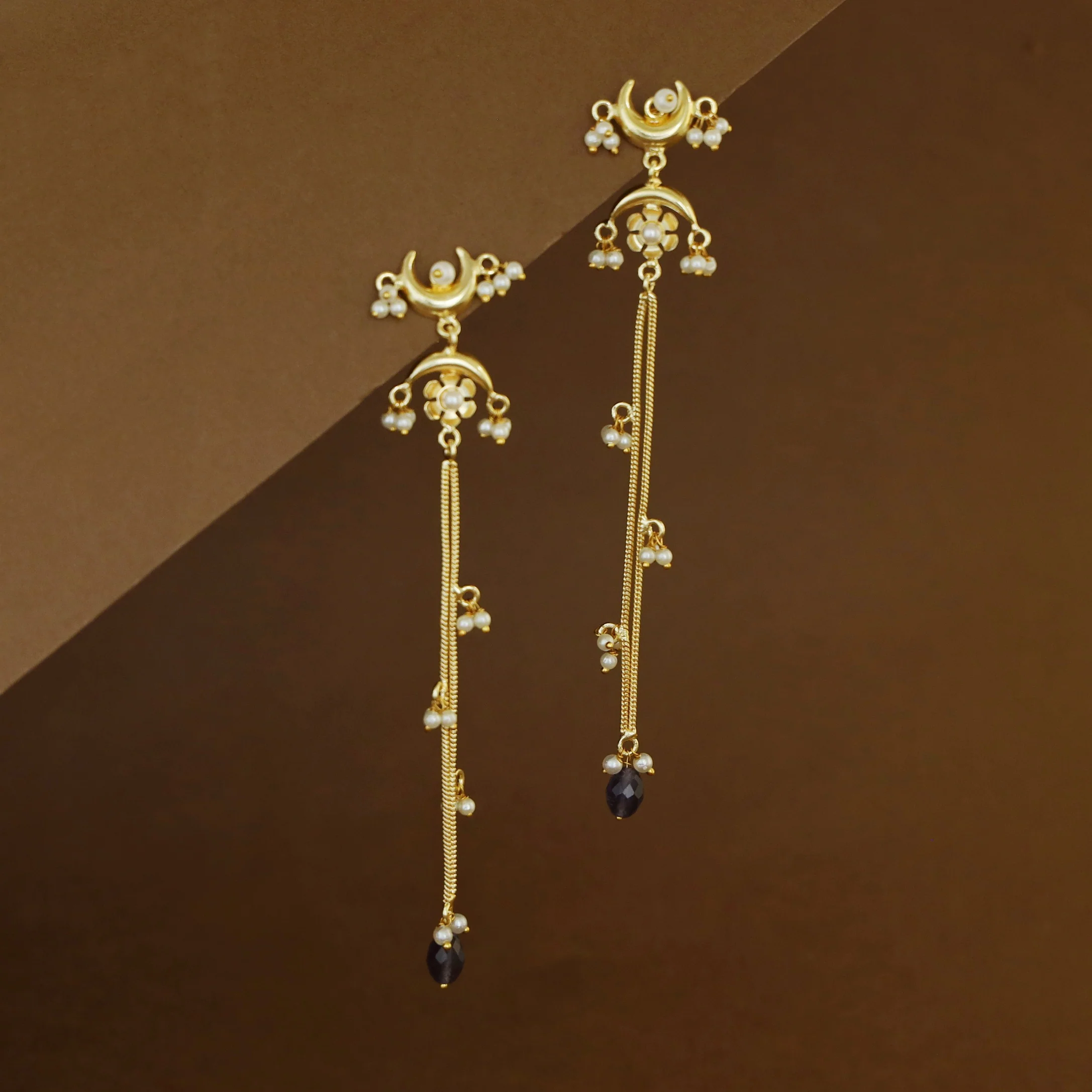 Mayansha Dual Half Moon Floral Hanging Pearl Bead Long Earring - Image 5