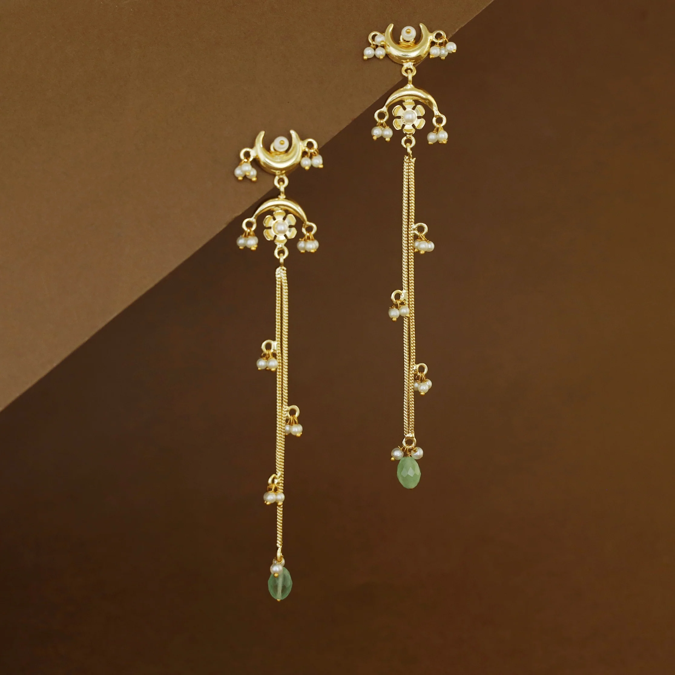 Mayansha Dual Half Moon Floral Hanging Pearl Bead Long Earring - Image 6