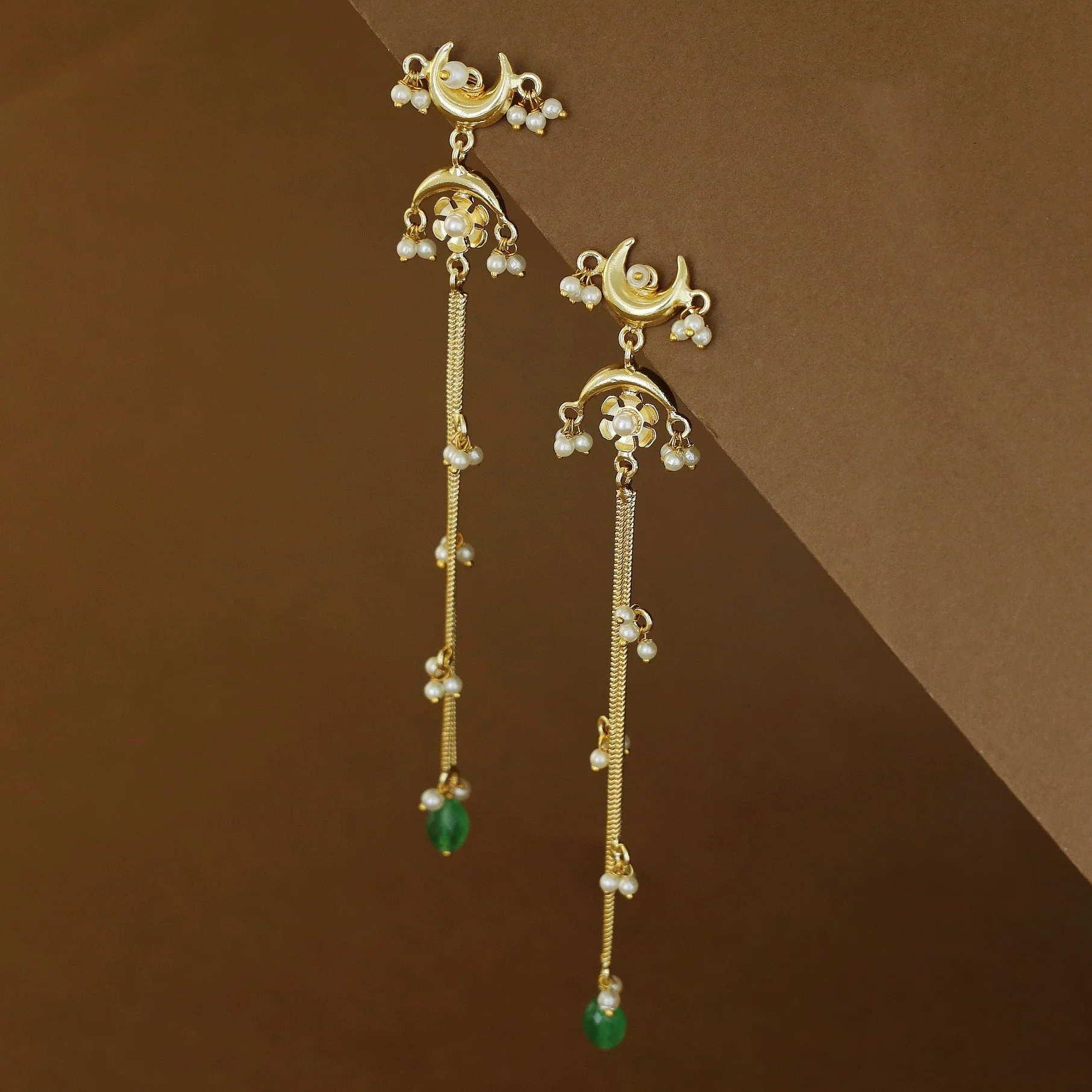 Mayansha Dual Half Moon Floral Hanging Pearl Bead Long Earring - Image 7