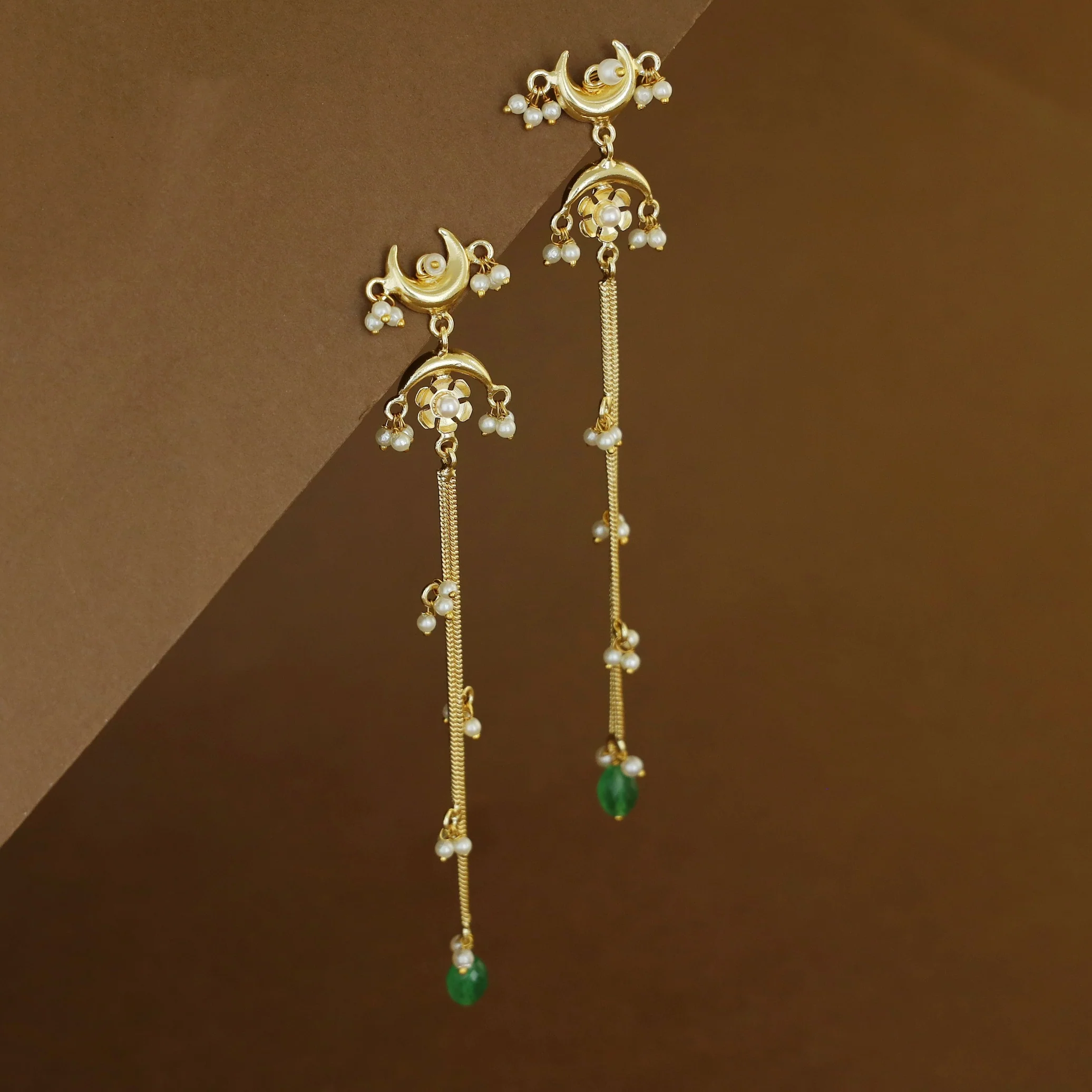 Mayansha Dual Half Moon Floral Hanging Pearl Bead Long Earring - Image 8