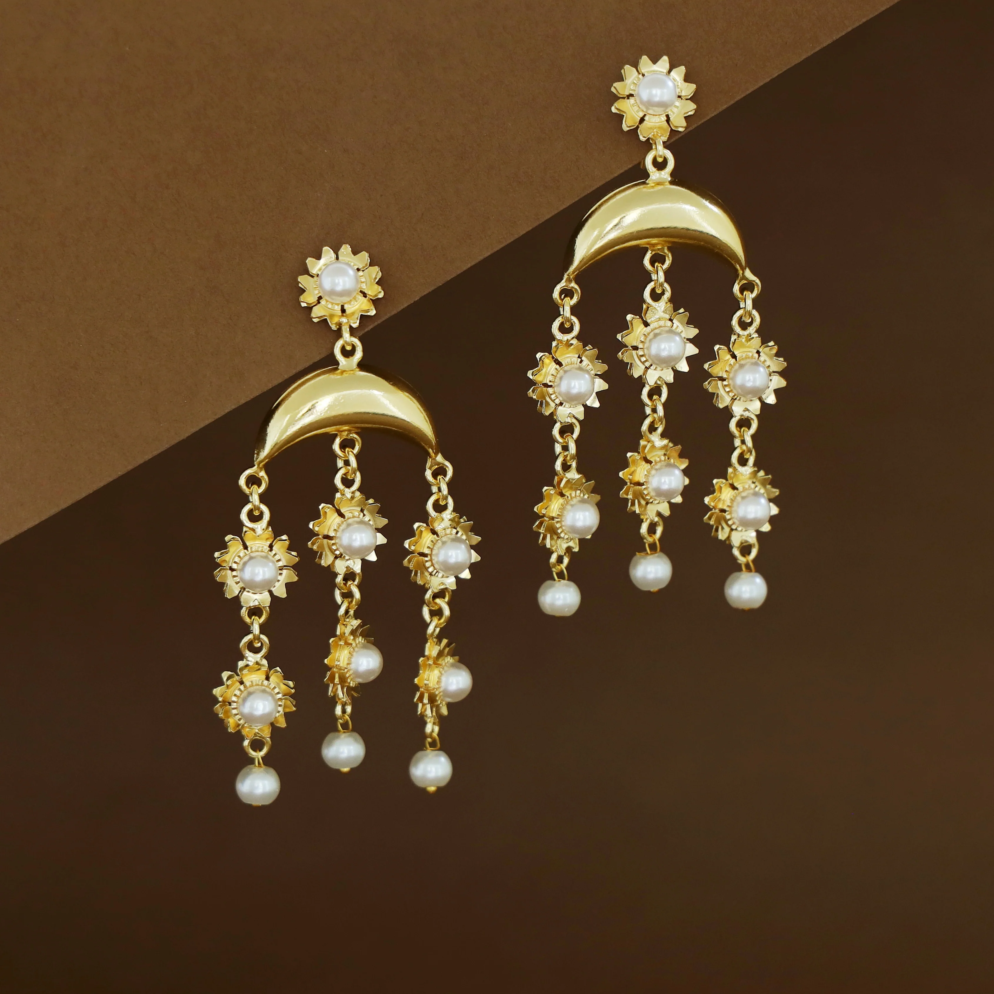Mayansha Half Moon Floral Pearl 3 Layer Tassel Earring - Image 2