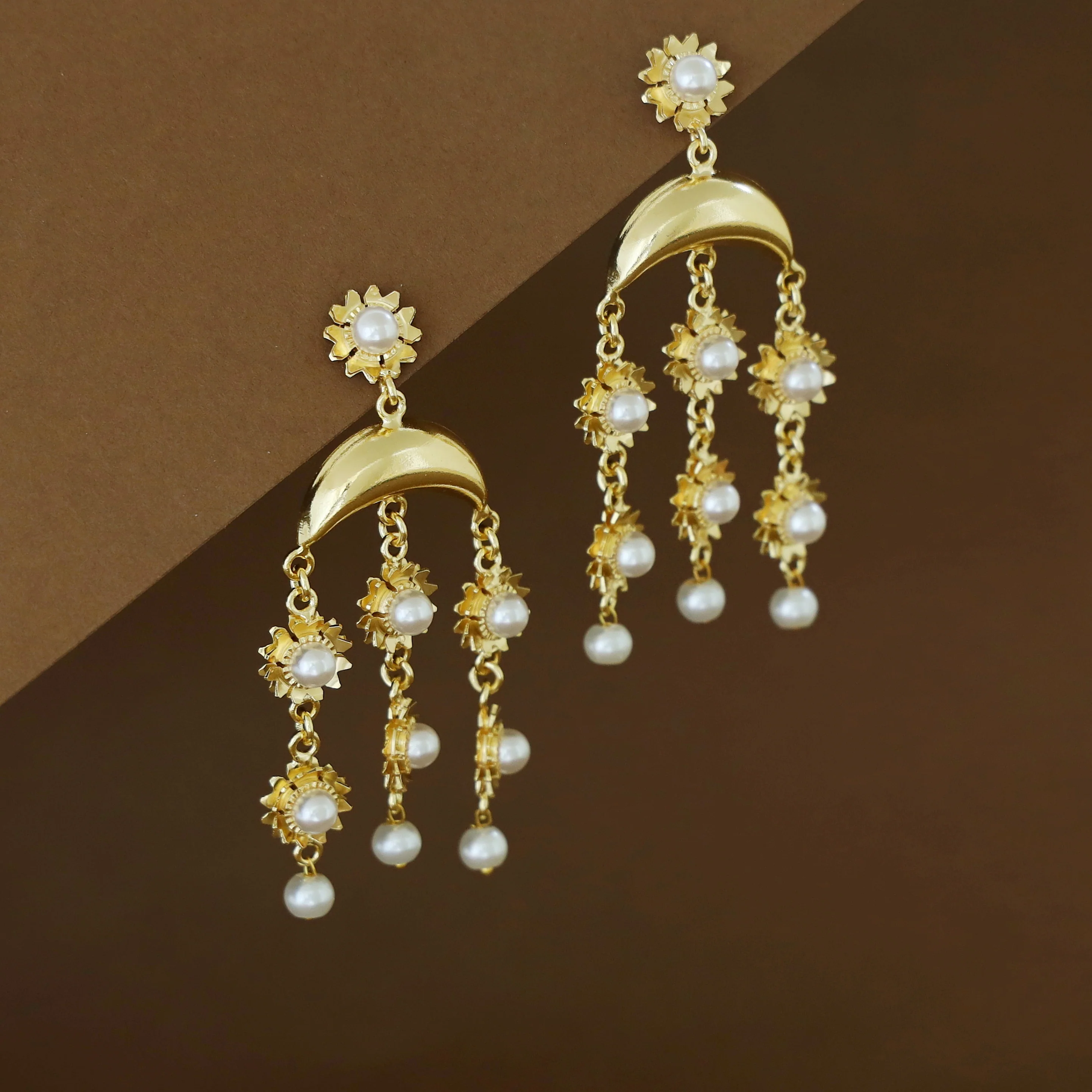 Mayansha Half Moon Floral Pearl 3 Layer Tassel Earring - Image 3