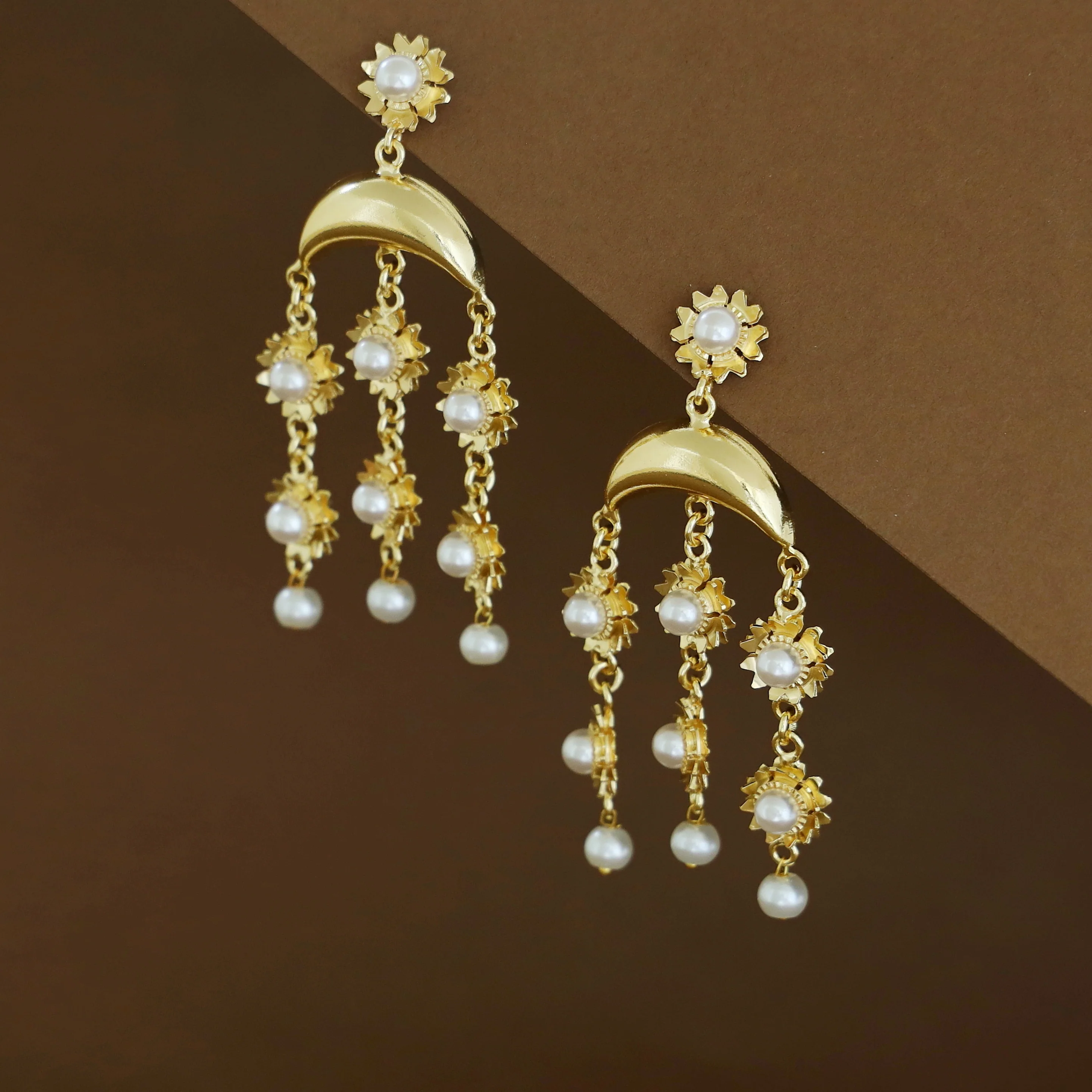 Mayansha Half Moon Floral Pearl 3 Layer Tassel Earring - Image 4