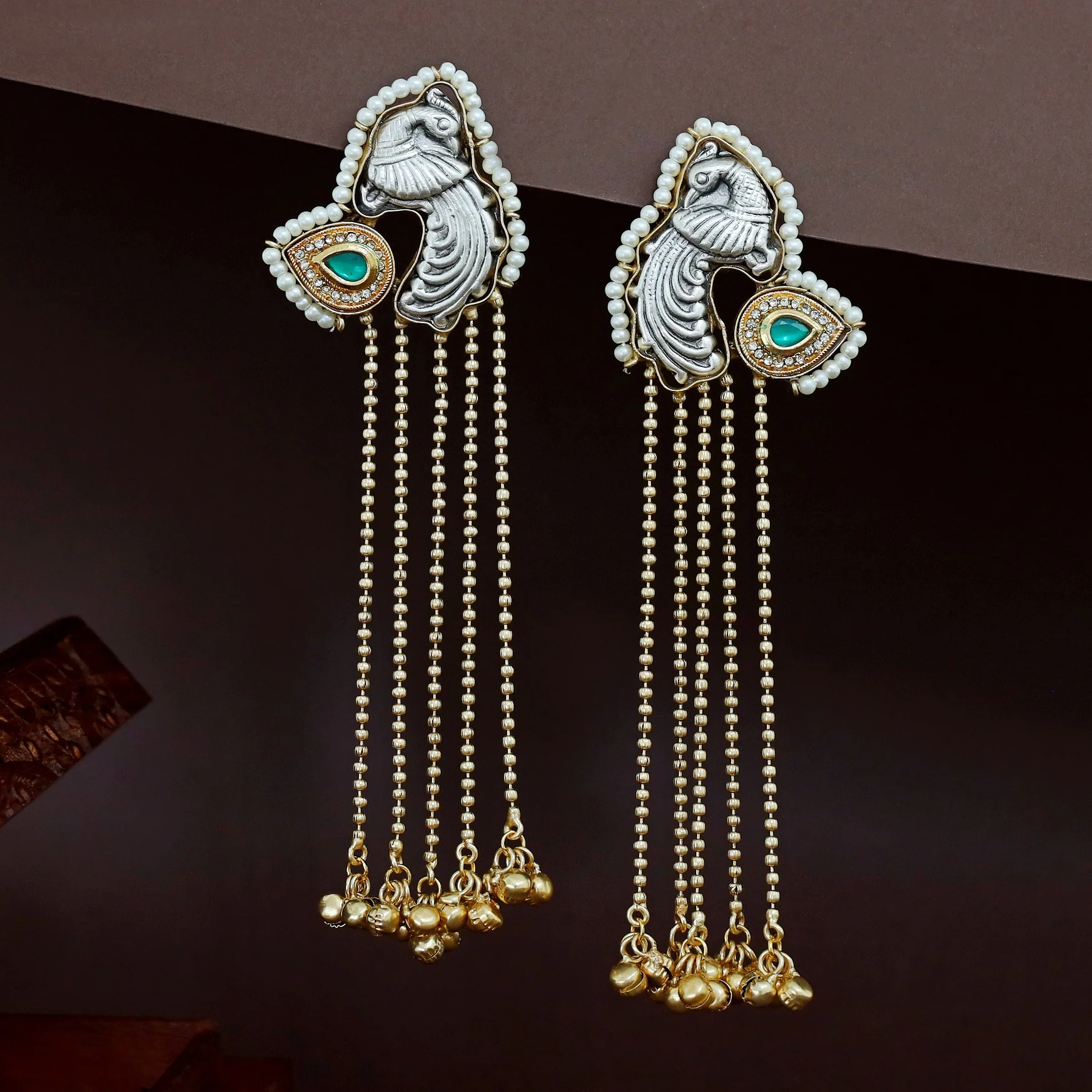 Mayura Pearl Hanging Ghungroo Kashmiri Earring - Image 3