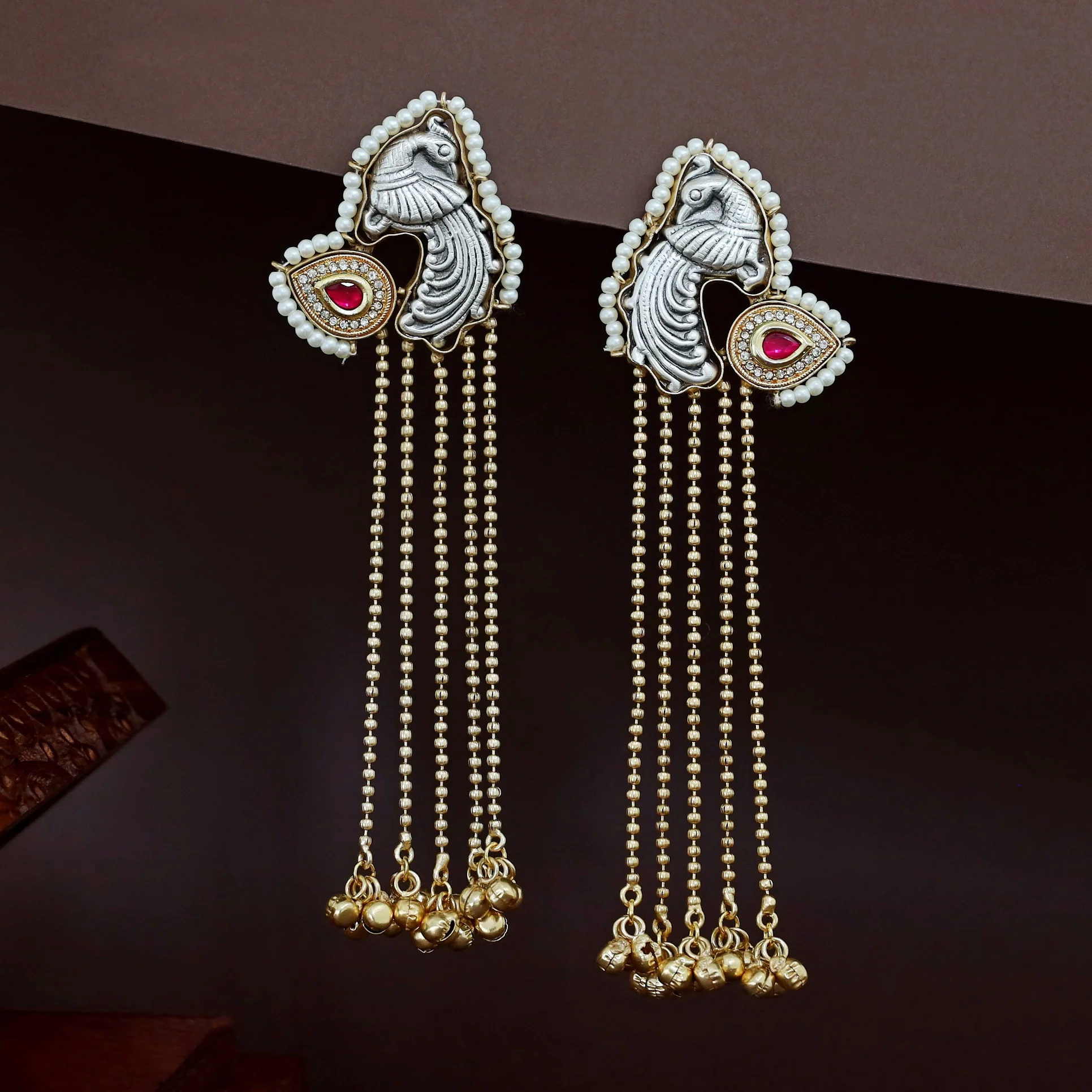 Mayura Pearl Hanging Ghungroo Kashmiri Earring - Image 4
