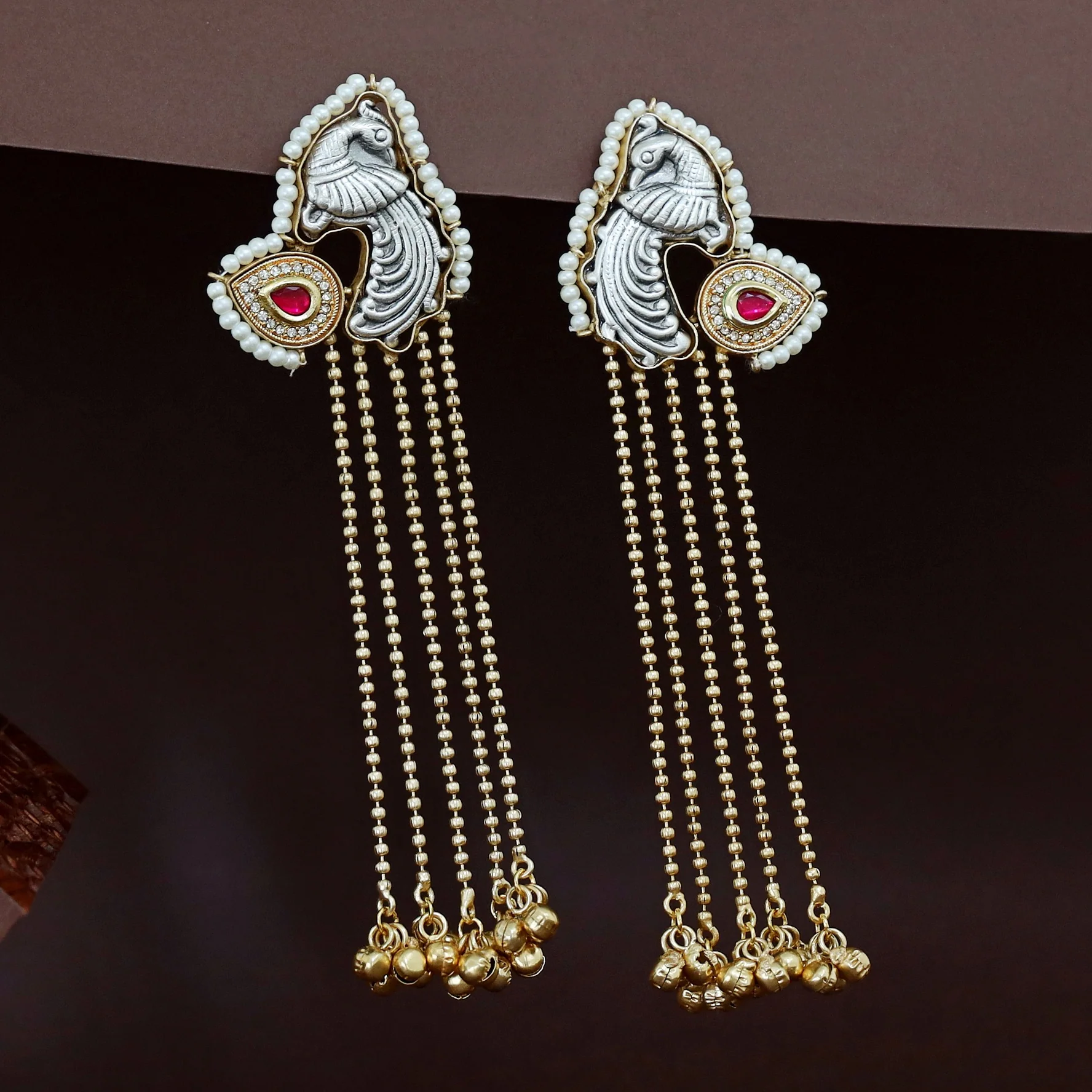 Mayura Pearl Hanging Ghungroo Kashmiri Earring - Image 5
